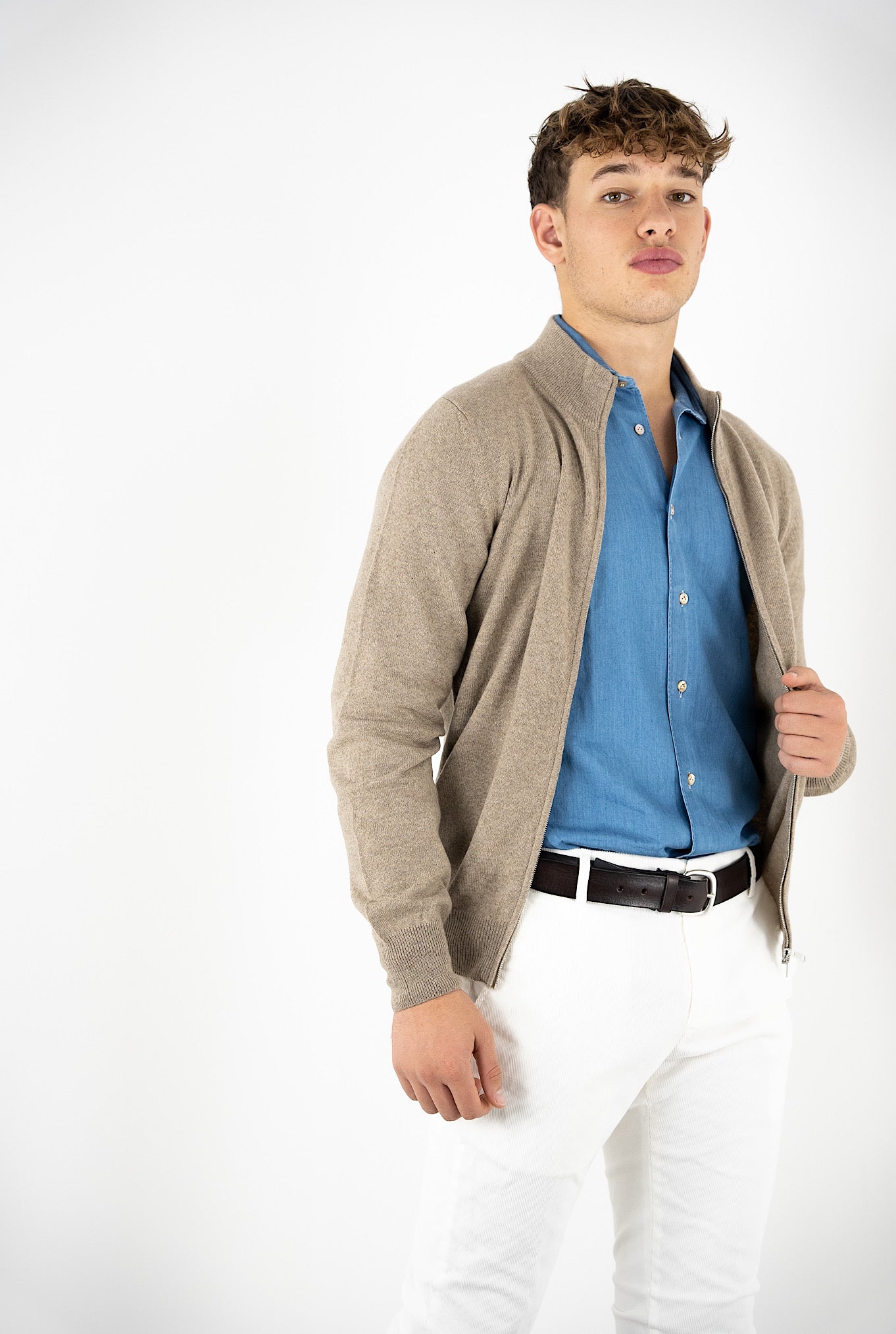 Maglia Bomber Full Zip Cashmere Beige