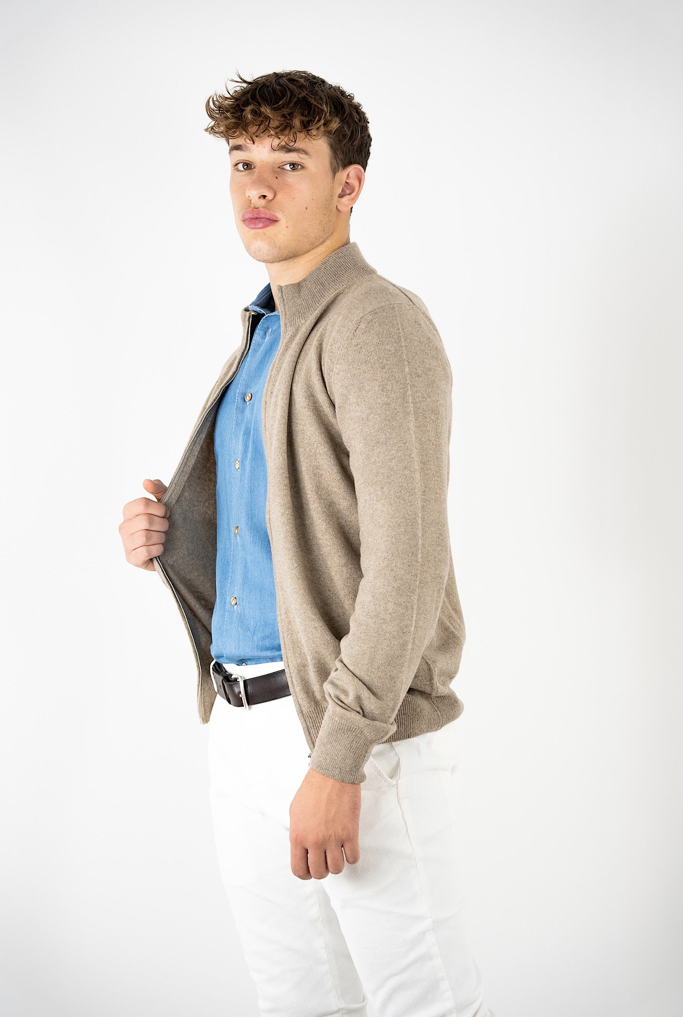 Beige Cashmere Full Zip Bomber Sweater