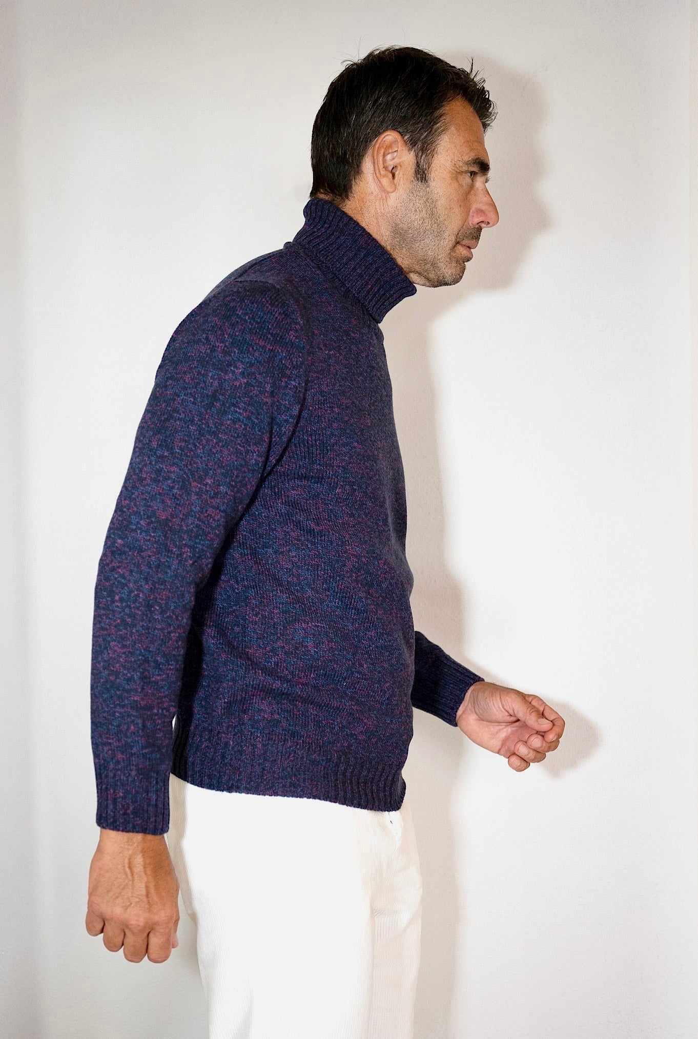 SETTEFILI CASHMERE Blue Patterned Cotton and Wool Shaved Turtleneck