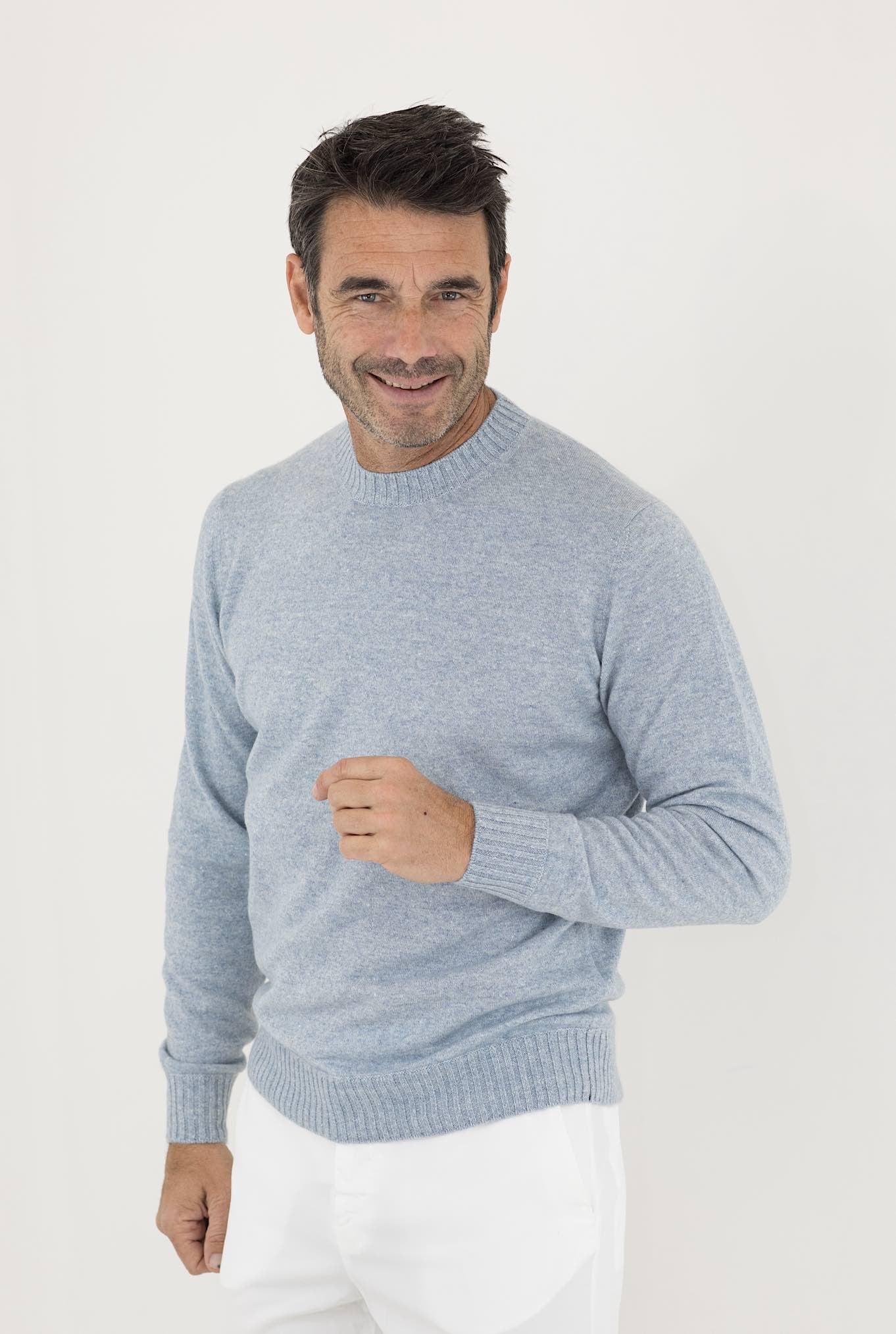 FIORONI Crewneck Cashmere and Linen Light Blue Mélange