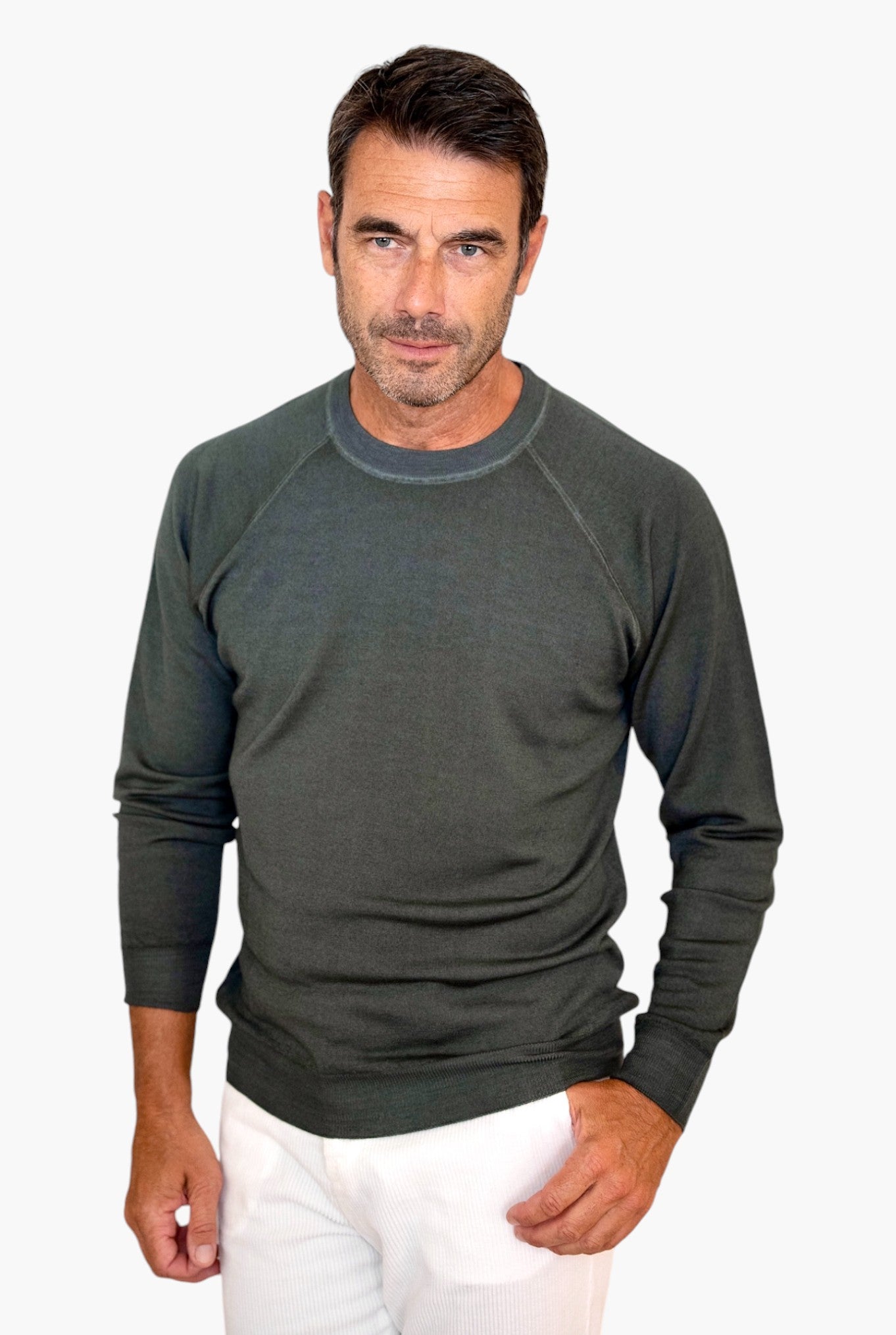 FEDELI Crew Neck Raglan Sleeves Merino Wool Sage Washed