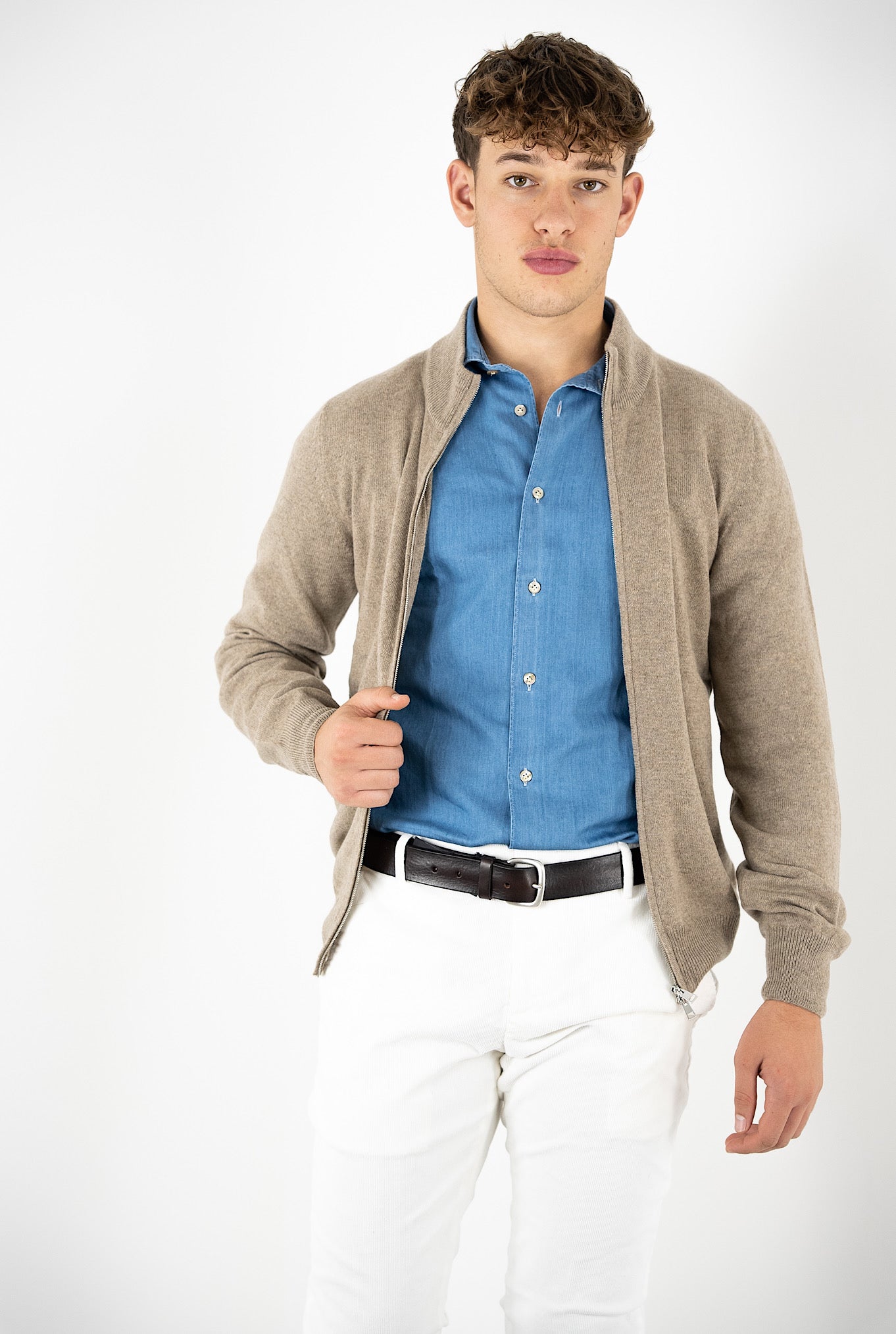 Maglia Bomber Full Zip Cashmere Beige