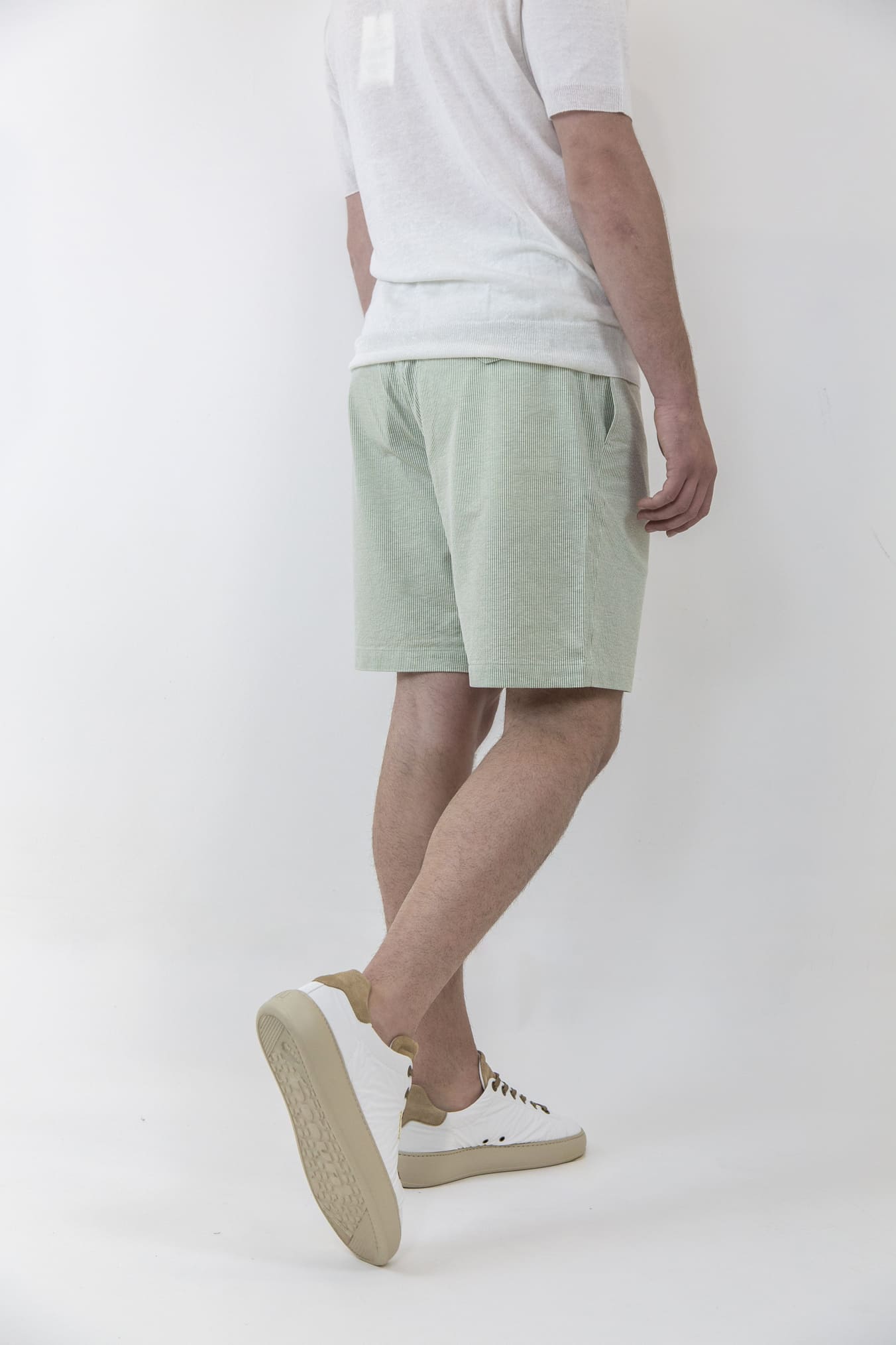 HINDUSTRIE SHORTS  Seersucker Cotton and Linen Green Stripes