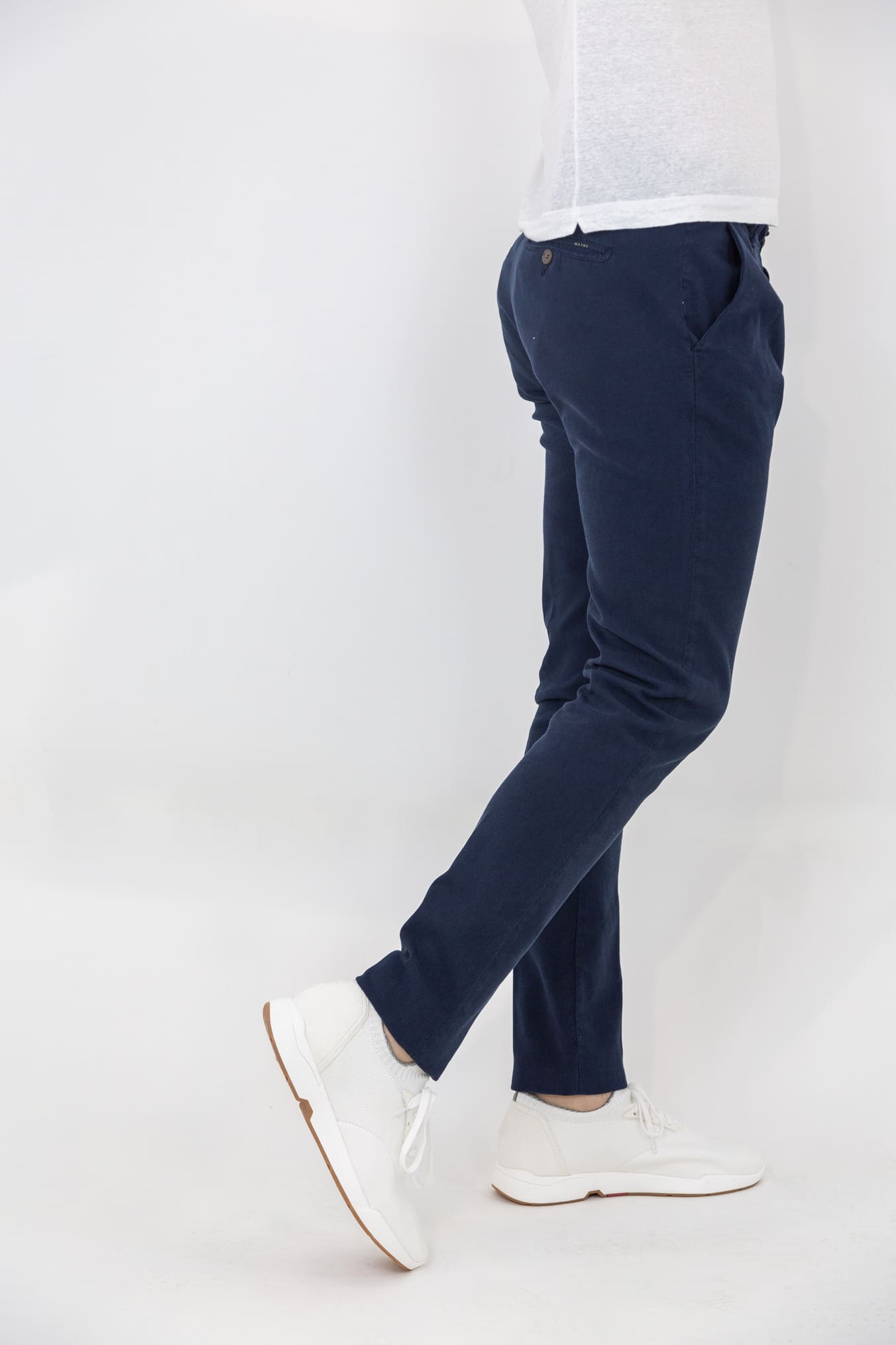 MYTHS Stretch Cotton Navy Blue Pleated Trousers