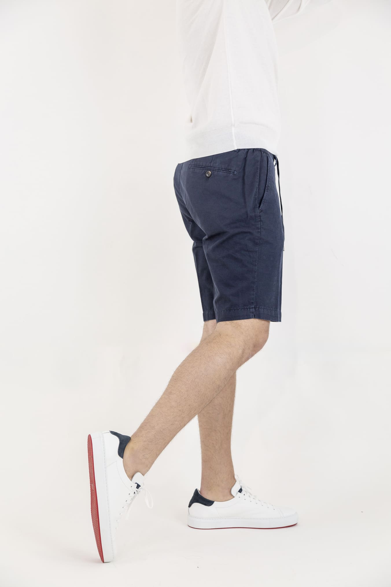 GUARINO Navy Blue Cotton Linen Bermuda Shorts with Drawstring