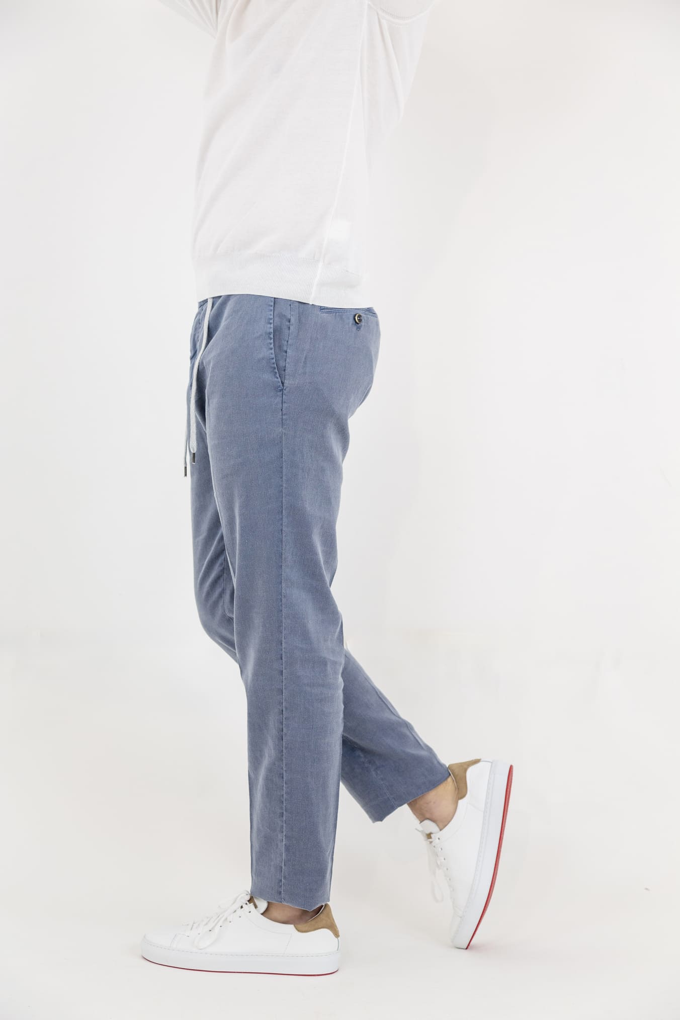 PT Denim Blue Linen and Cotton Trousers with Removable Drawstring