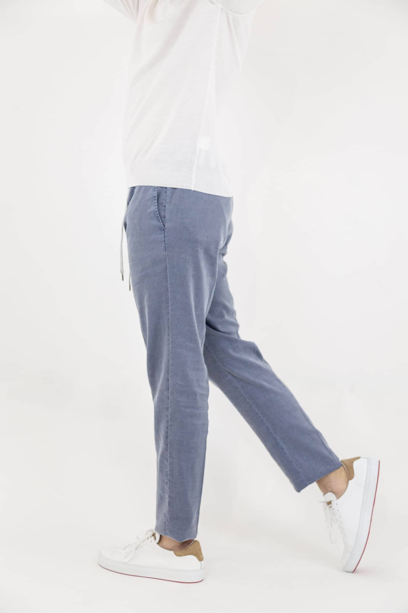 PT Denim Blue Linen and Cotton Trousers with Removable Drawstring