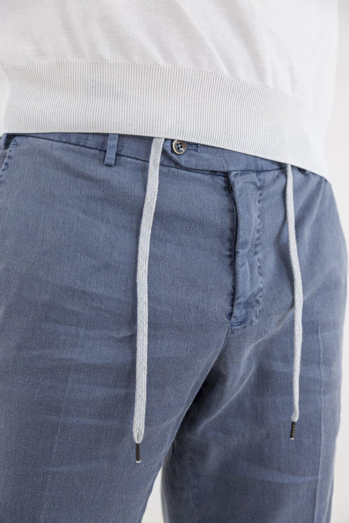 PT Denim Blue Linen and Cotton Trousers with Removable Drawstring