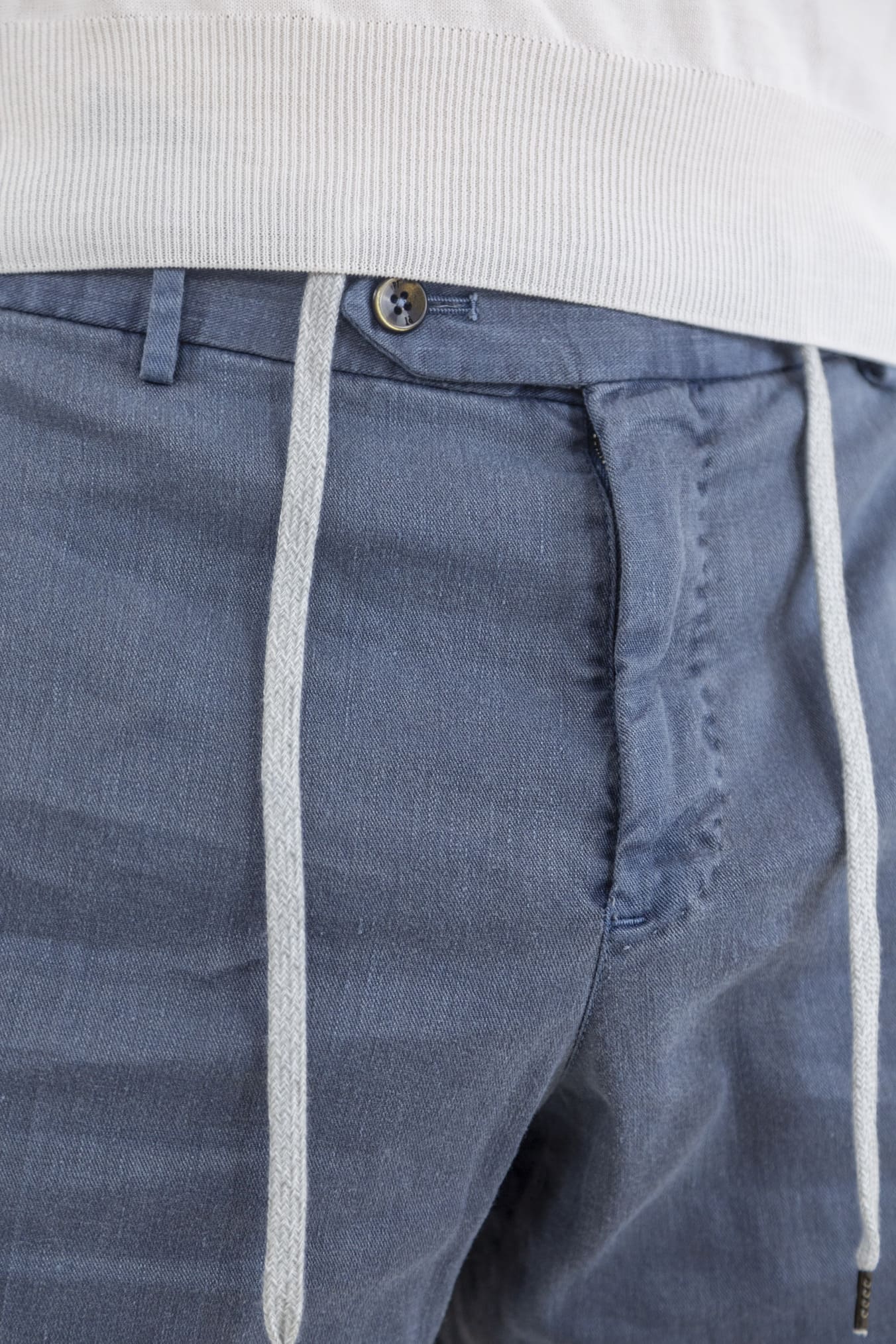 PT Denim Blue Linen and Cotton Trousers with Removable Drawstring