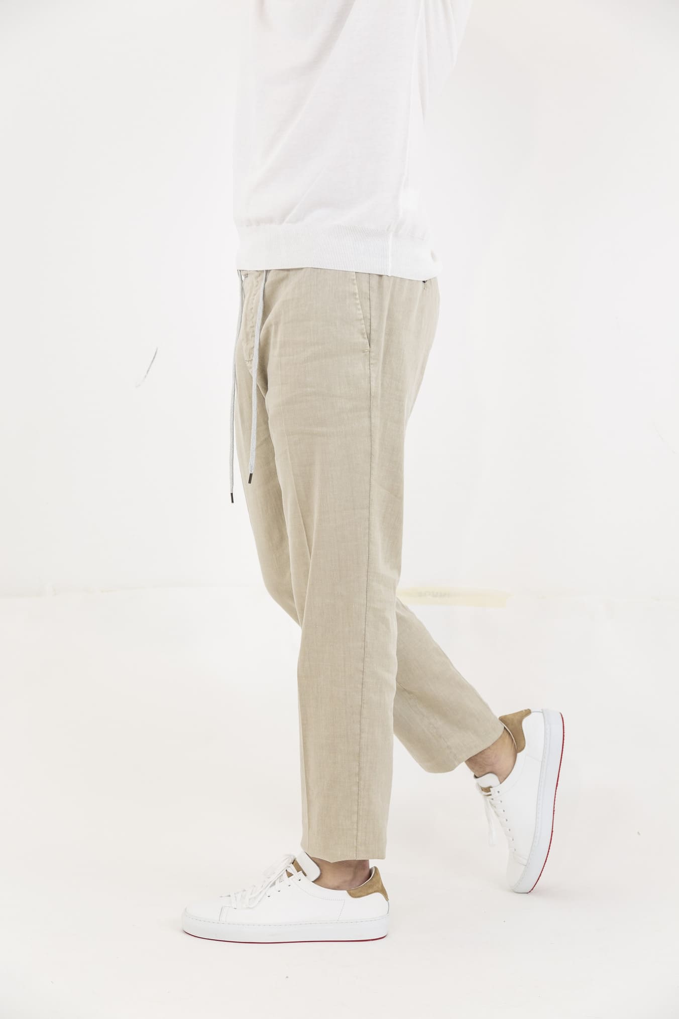 PT Beige Linen and Cotton Trousers with Removable Drawstring