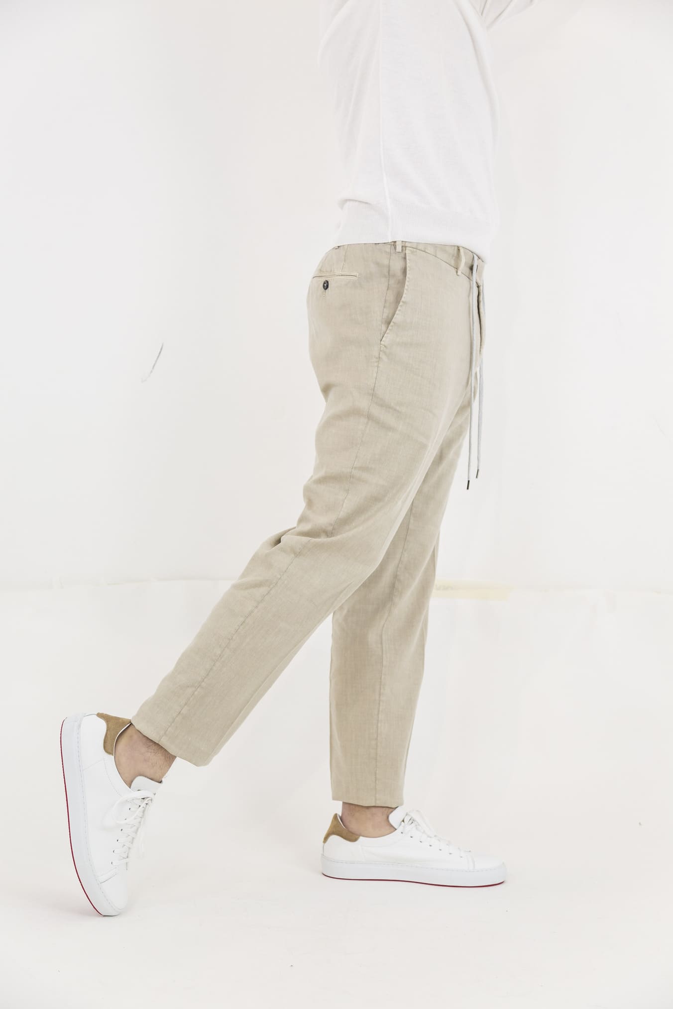 PT Beige Linen and Cotton Trousers with Removable Drawstring