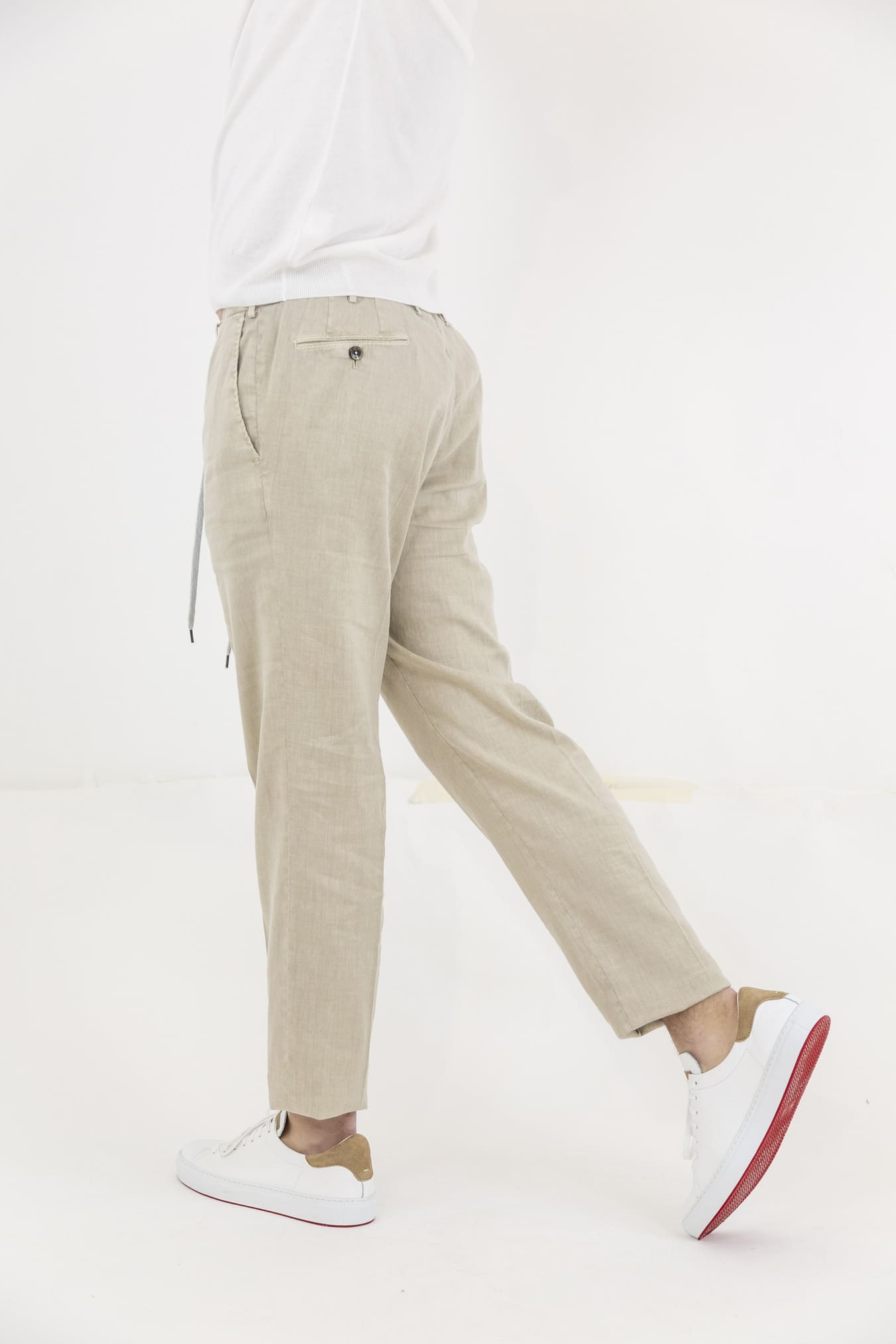 PT Beige Linen and Cotton Trousers with Removable Drawstring