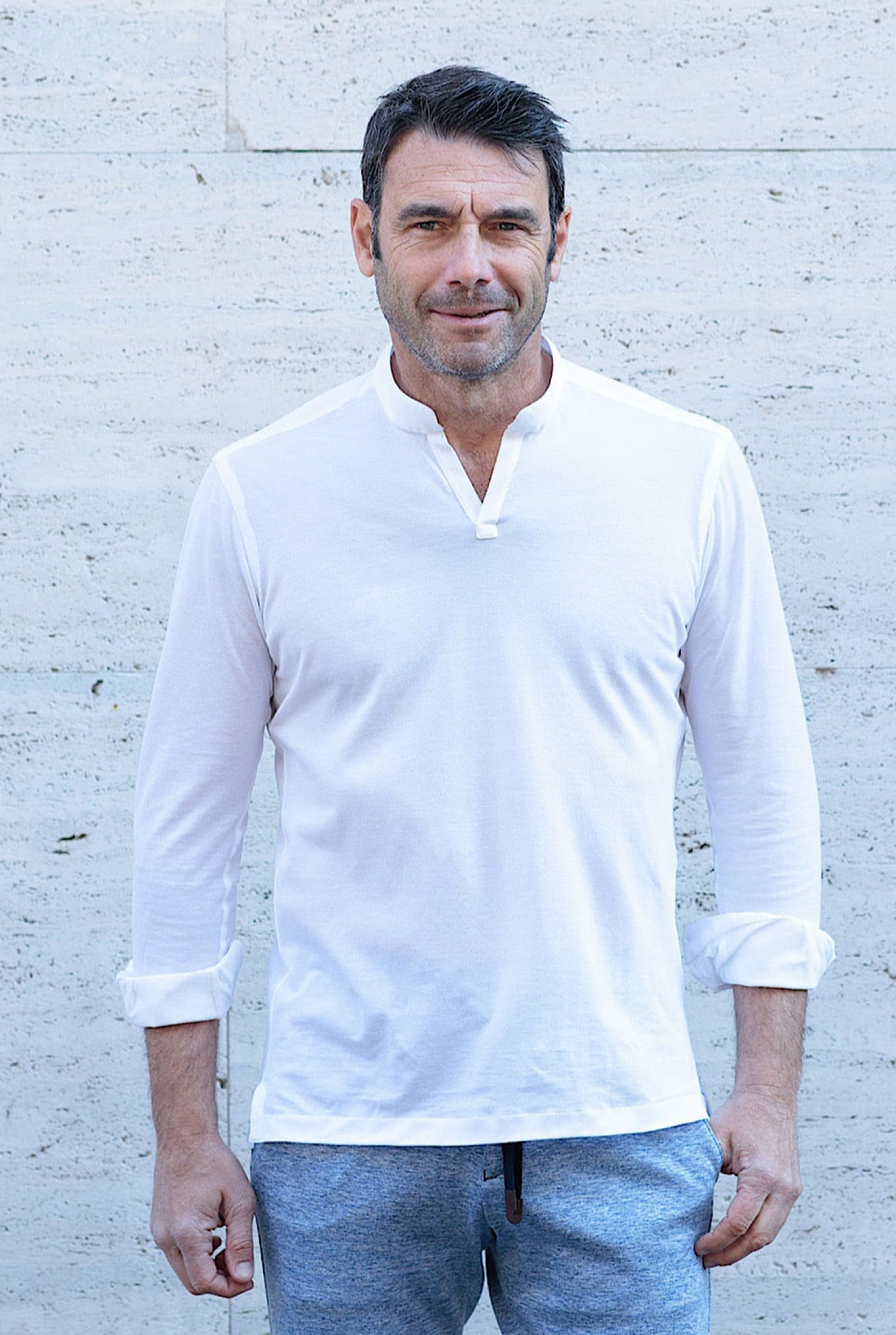 Polo Collo Coreano Manica Lunga Bianco - Guarino Store