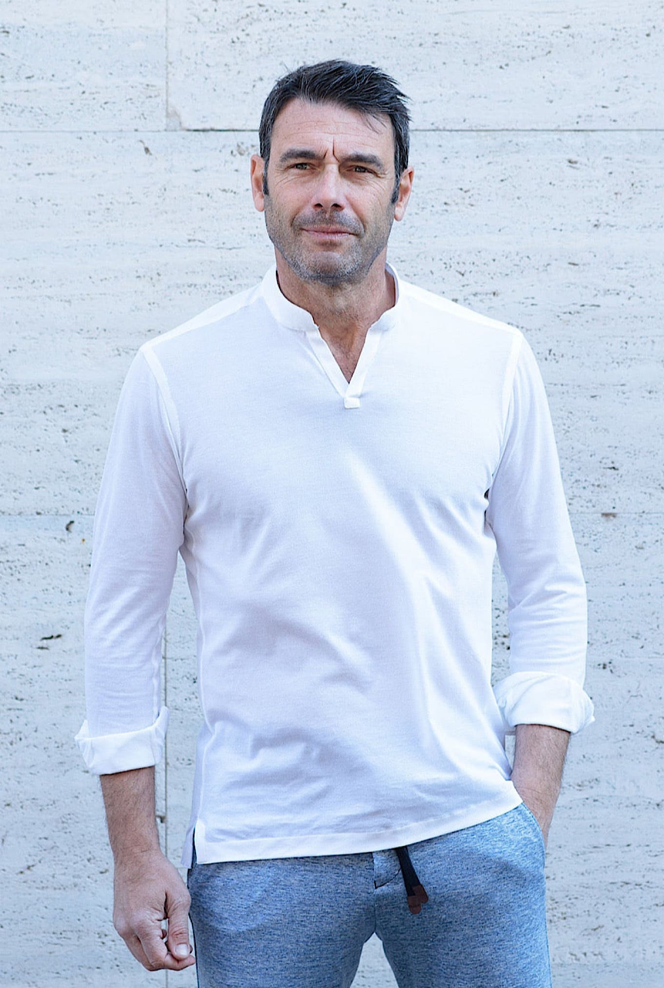 Polo Collo Coreano Manica Lunga Bianco - Guarino Store