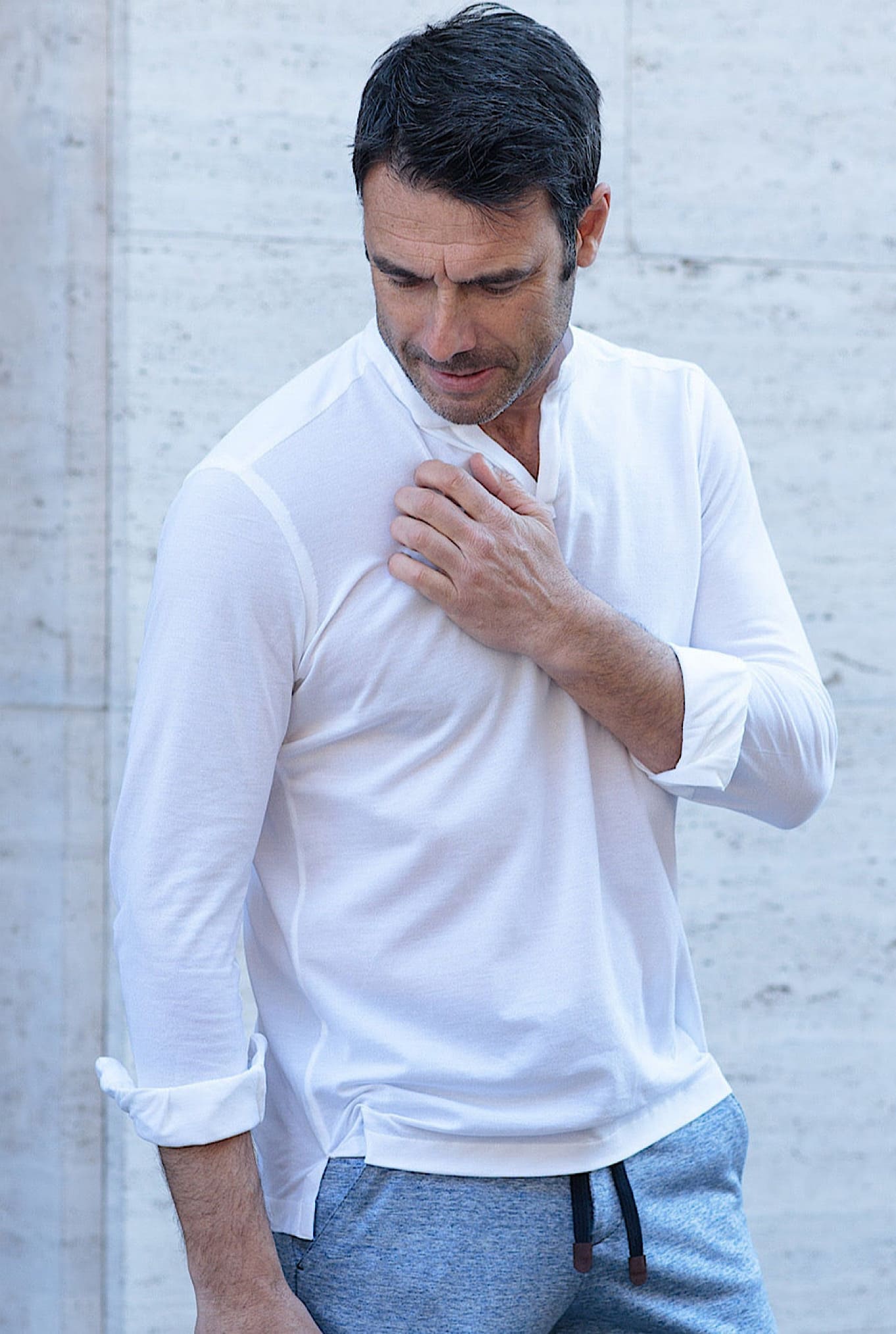 Polo Collo Coreano Manica Lunga Bianco - Guarino Store
