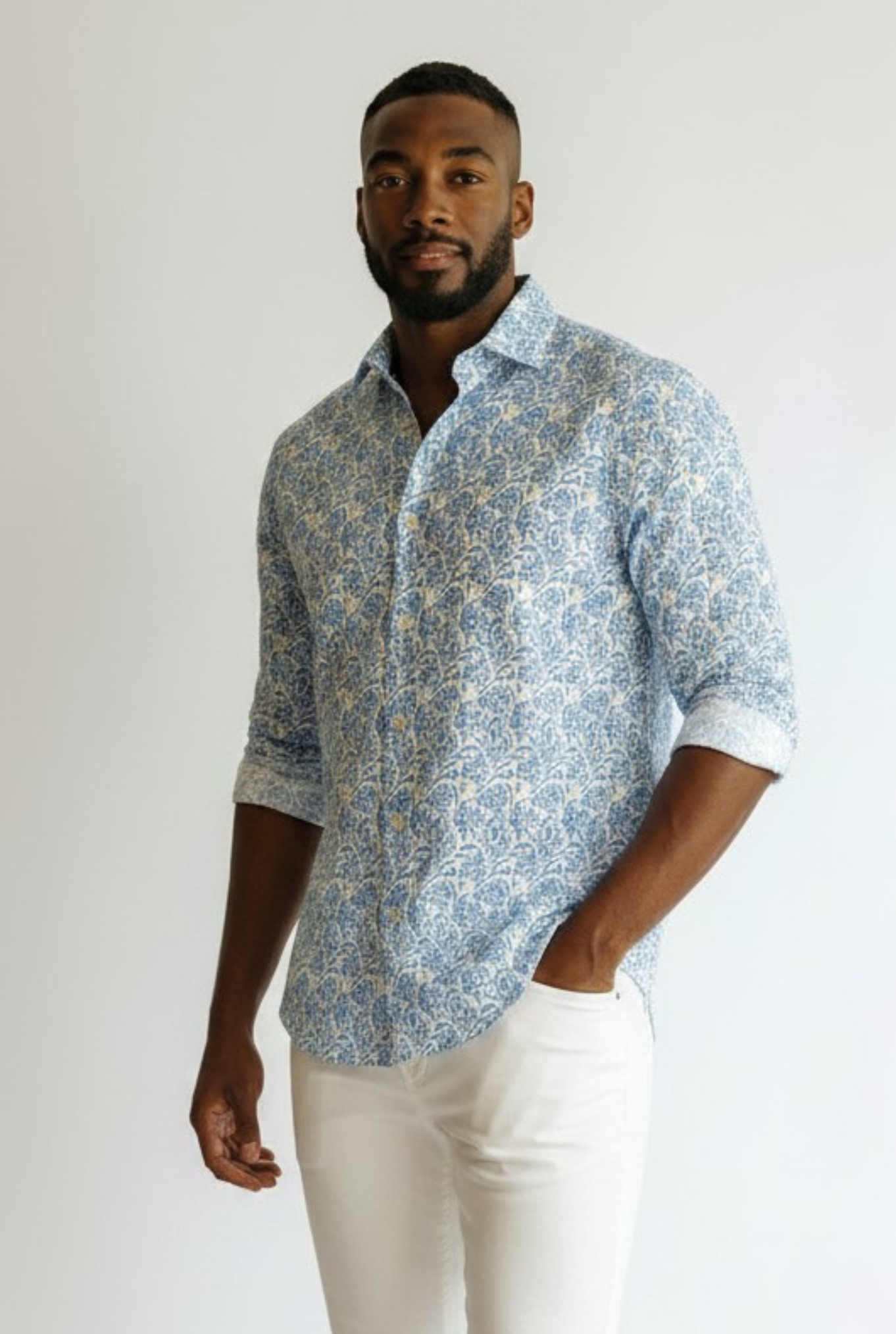 "Sean" Shirt Panamino Voile Cotton Blue Pattern