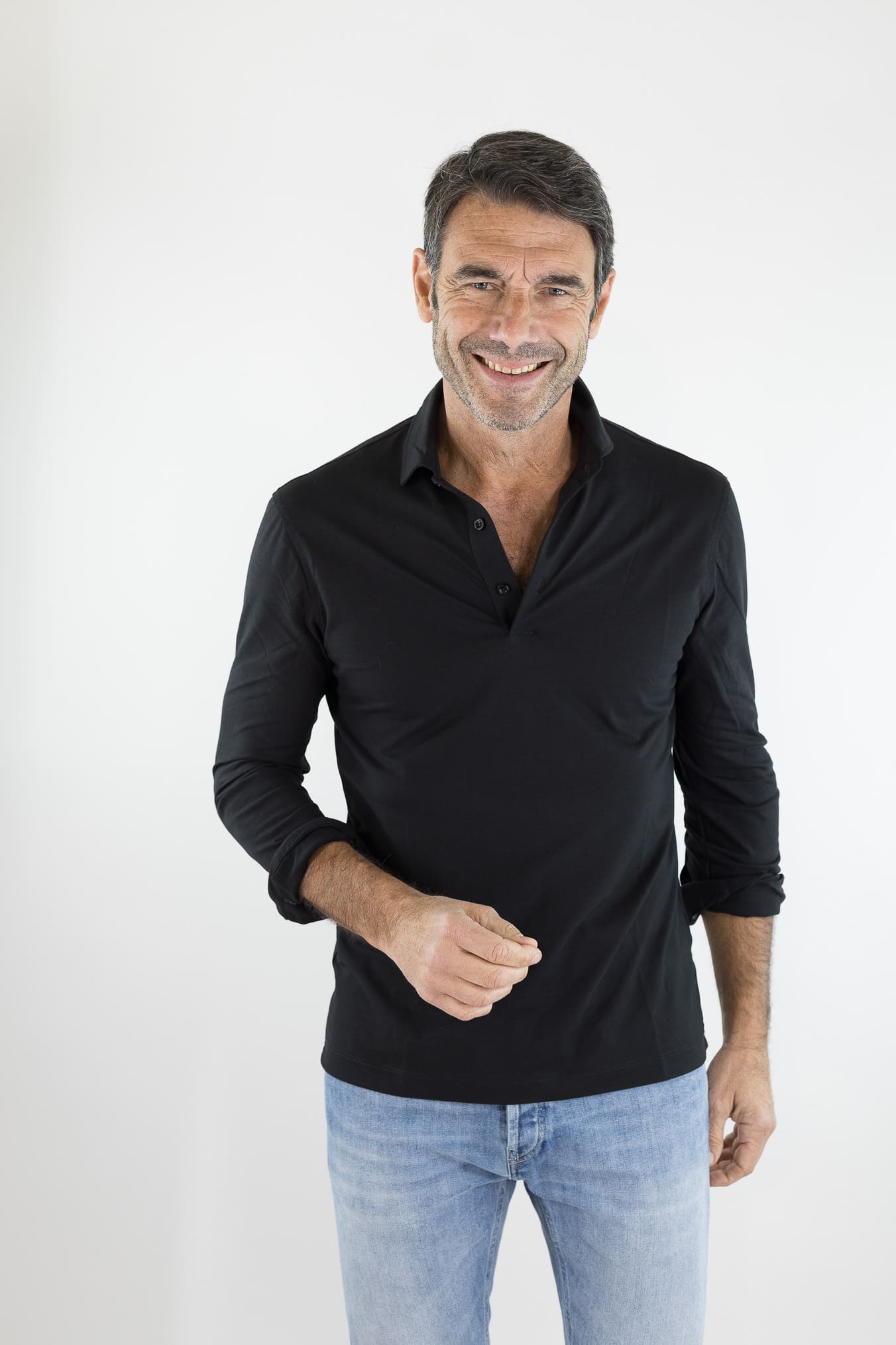 KIRED Polo Maniche Lunghe Cotone Crêpe Nero