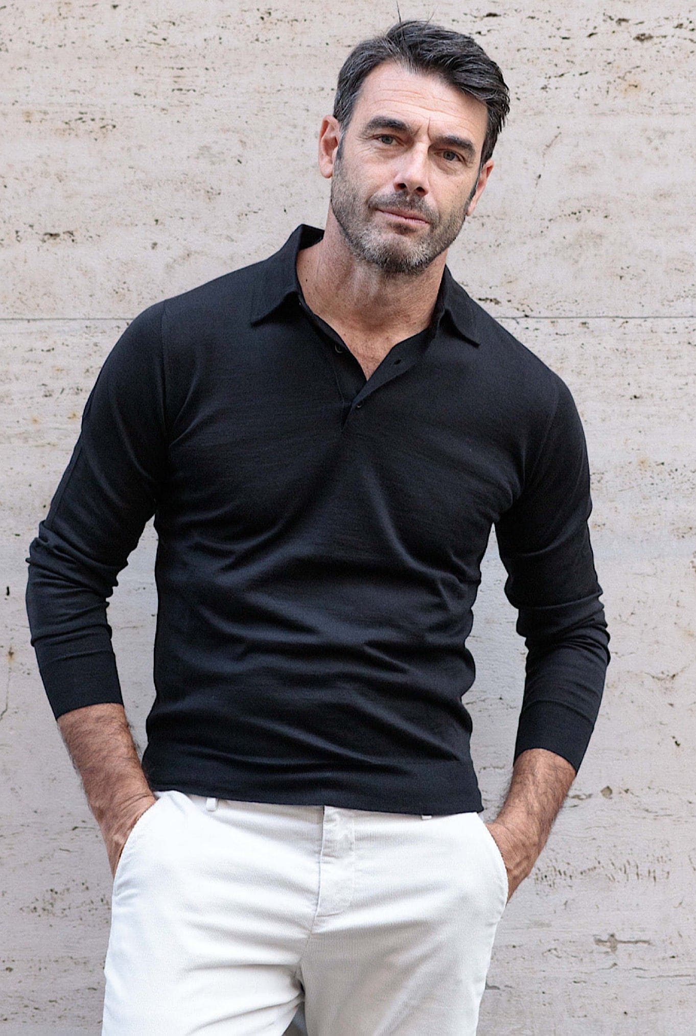 GUARINO Black Cashmere and Silk Long Sleeve Polo