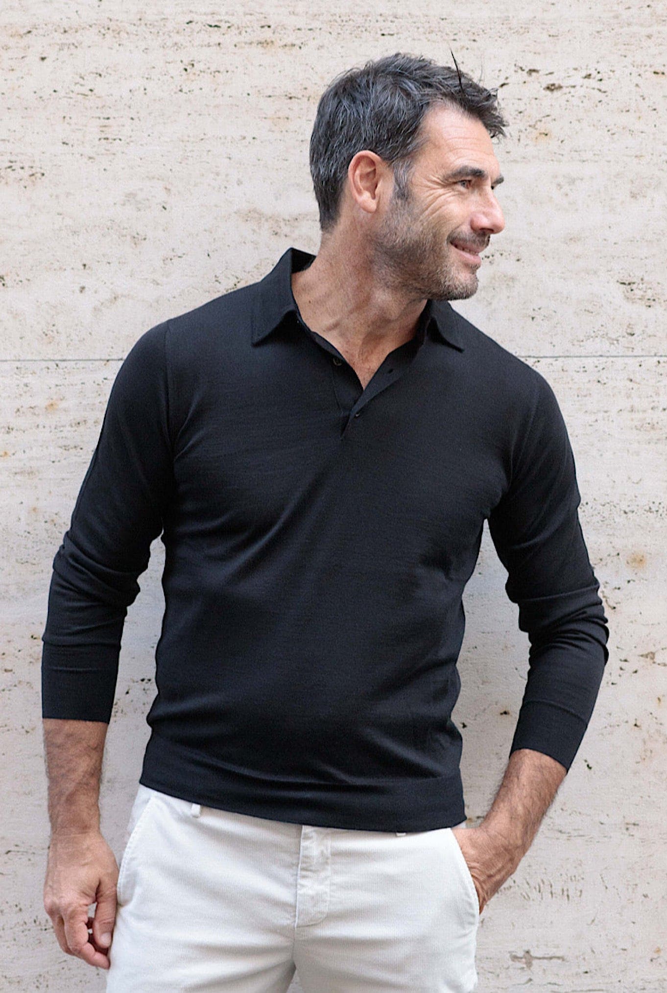 GUARINO Polo Cashmere e Seta Manica Lunga Nera