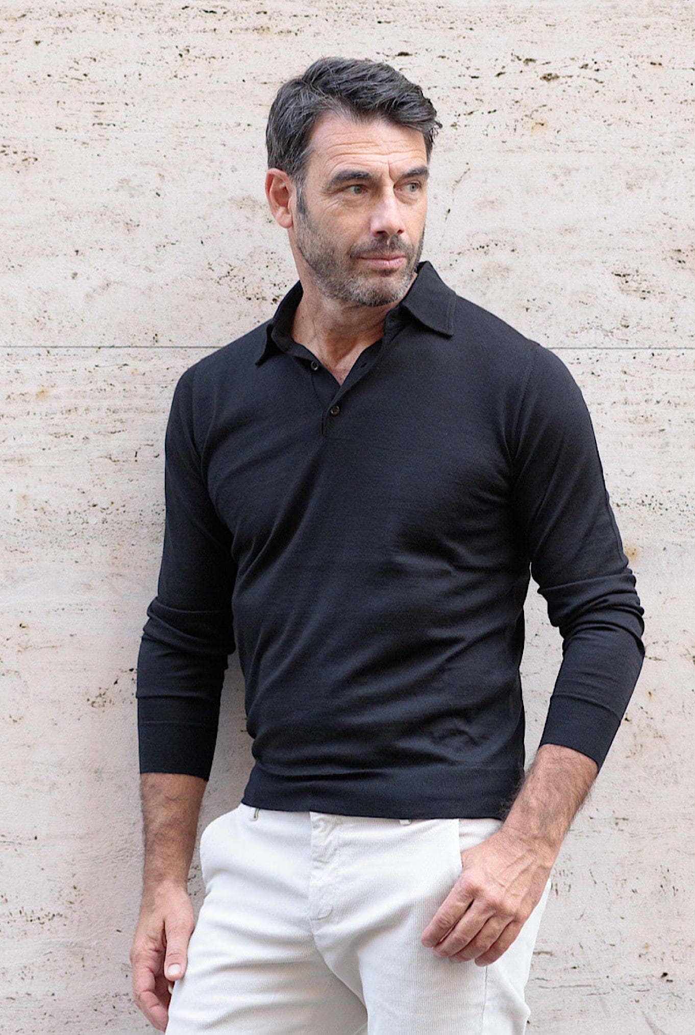 GUARINO Black Cashmere and Silk Long Sleeve Polo