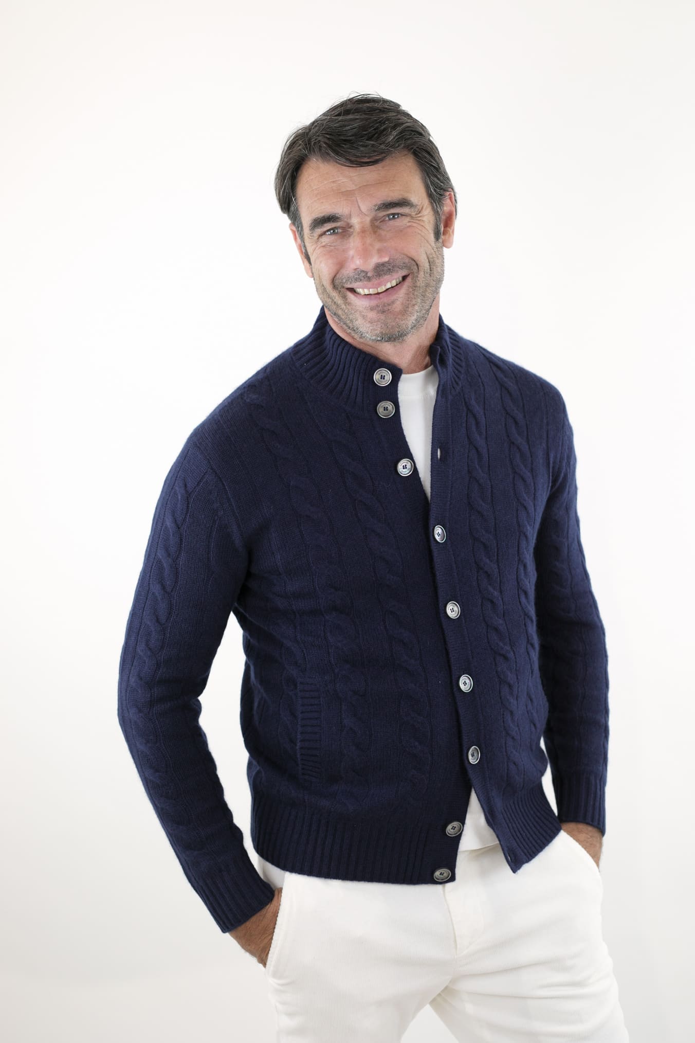 Cardigan a Trecce Cashmere Blu Navy