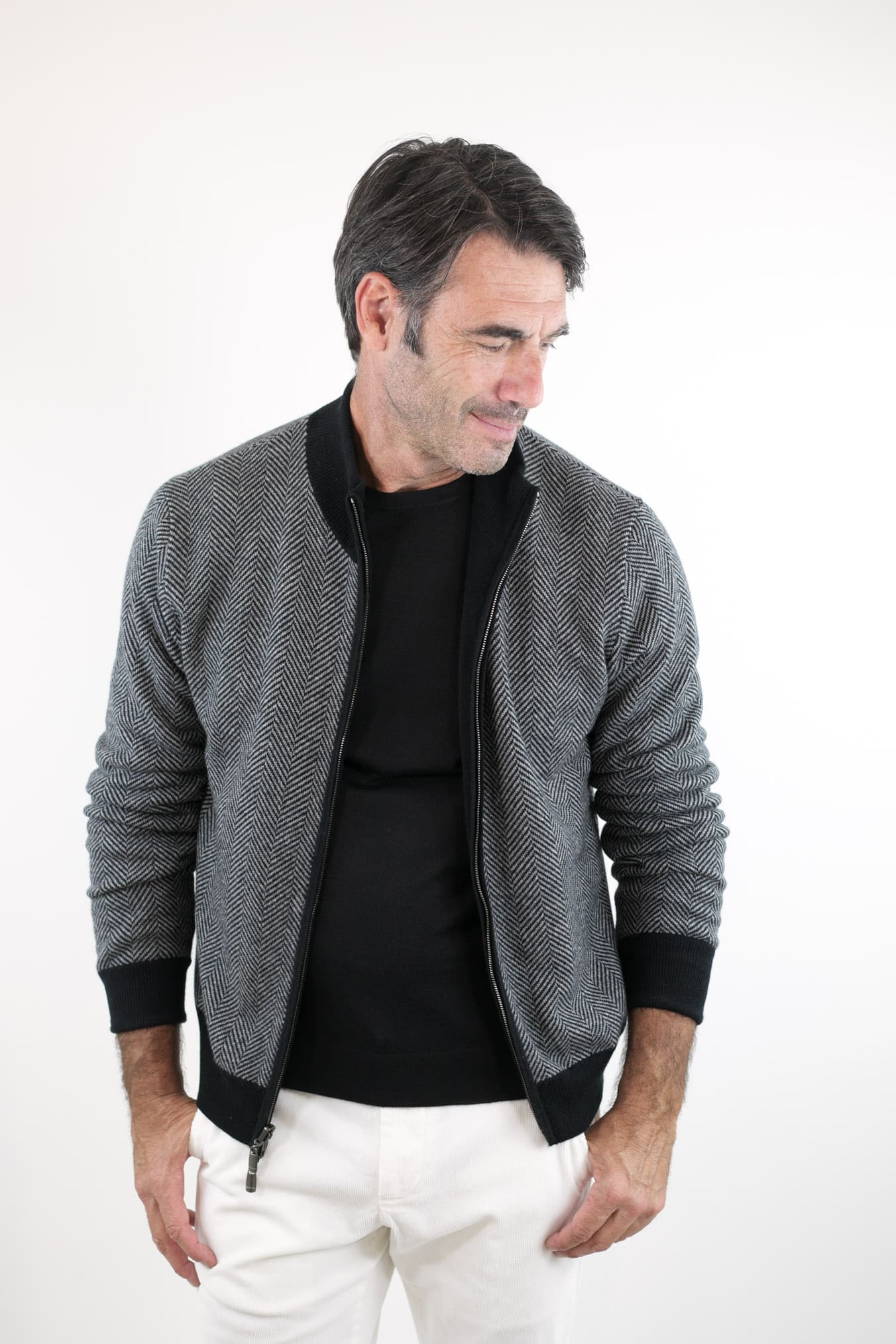 BRAMANI Pullover Reversibile Full Zip Nero/Grigio Chevron