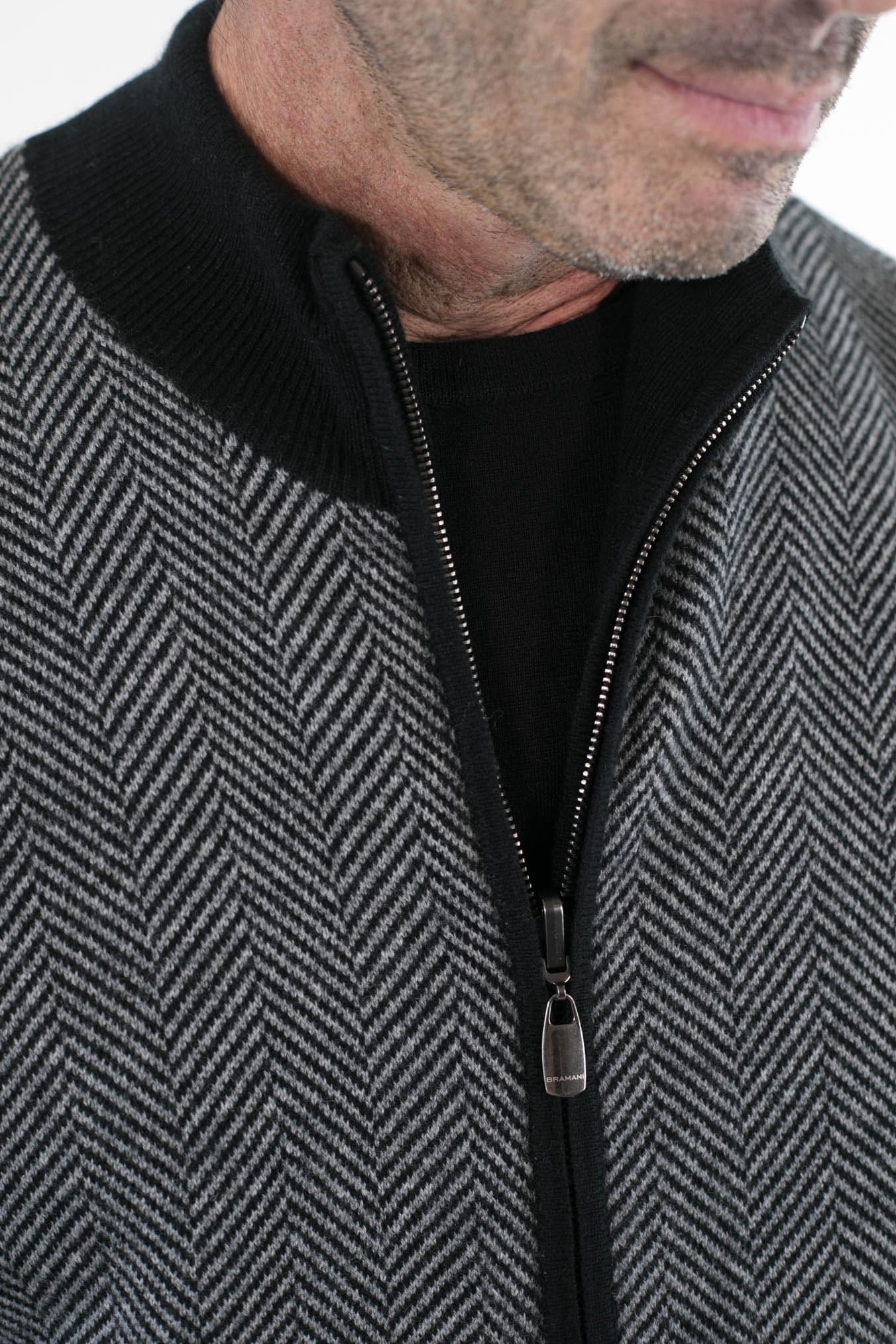 BRAMANI Pullover Reversibile Full Zip Nero/Grigio Chevron