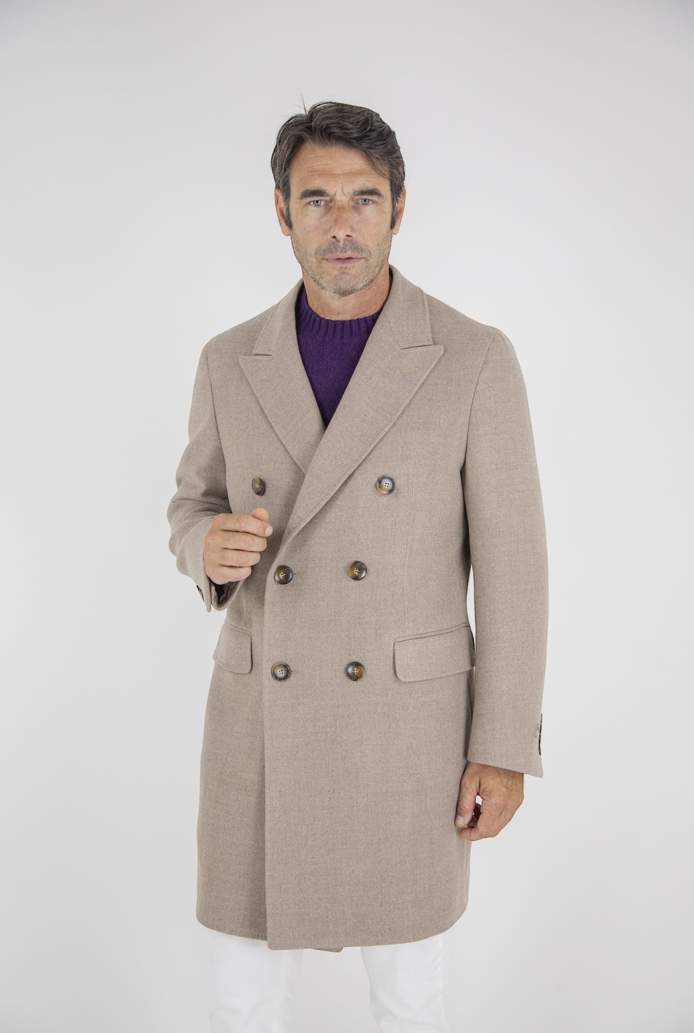 CANALI Double Breasted Coat Wool Super 180's Light Beige