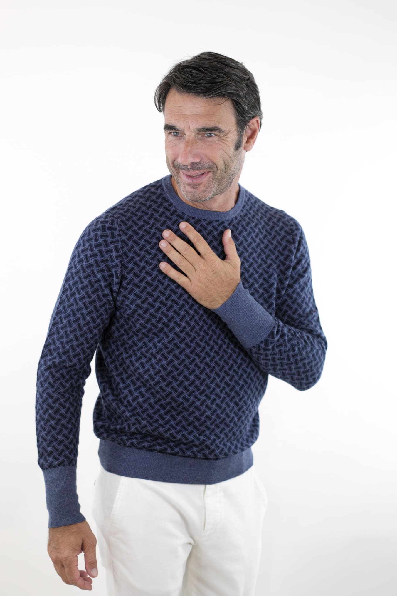 Blue Cashmere Jacquard Crewneck