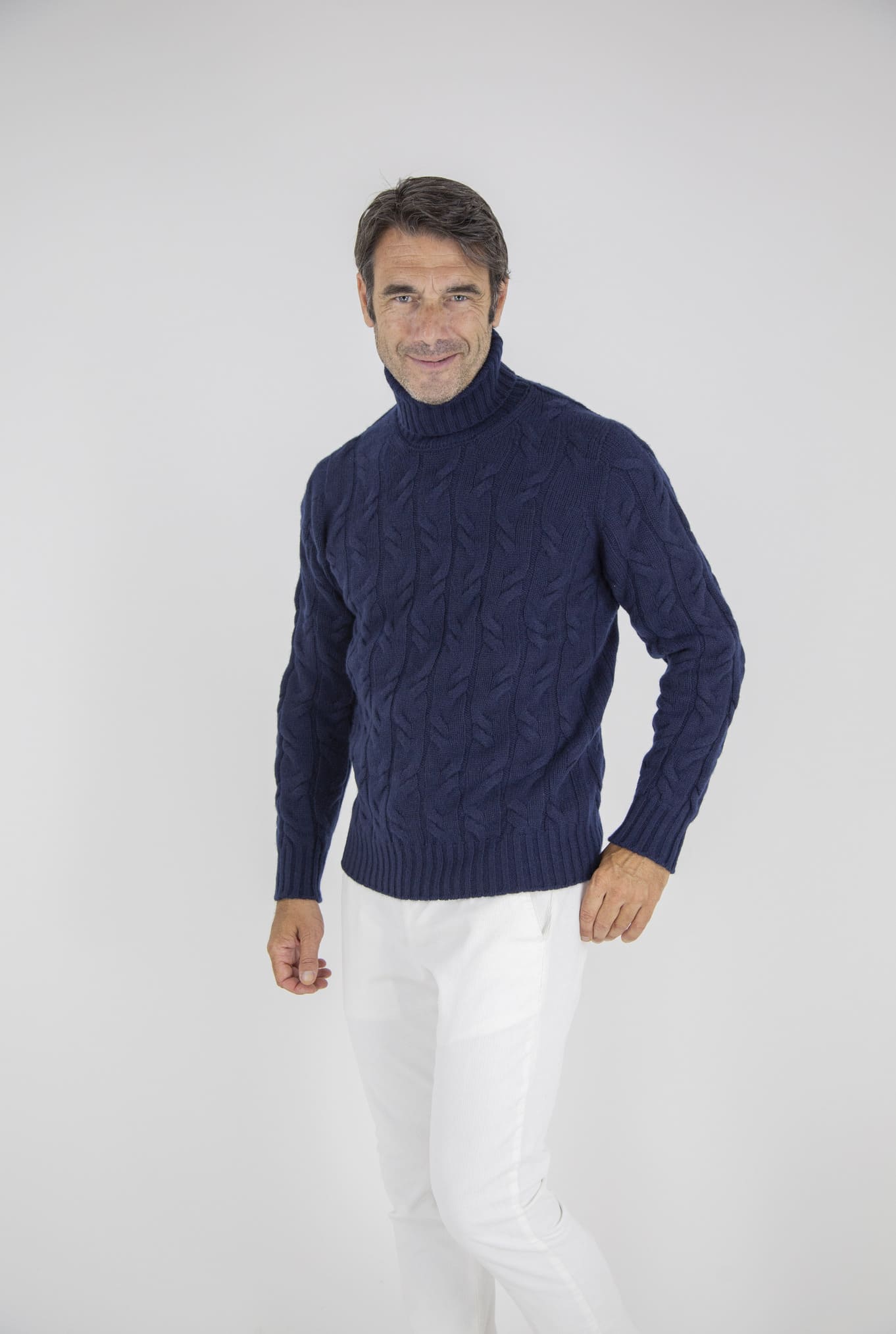 Navy Blue Cable Knit Cashmere Turtleneck