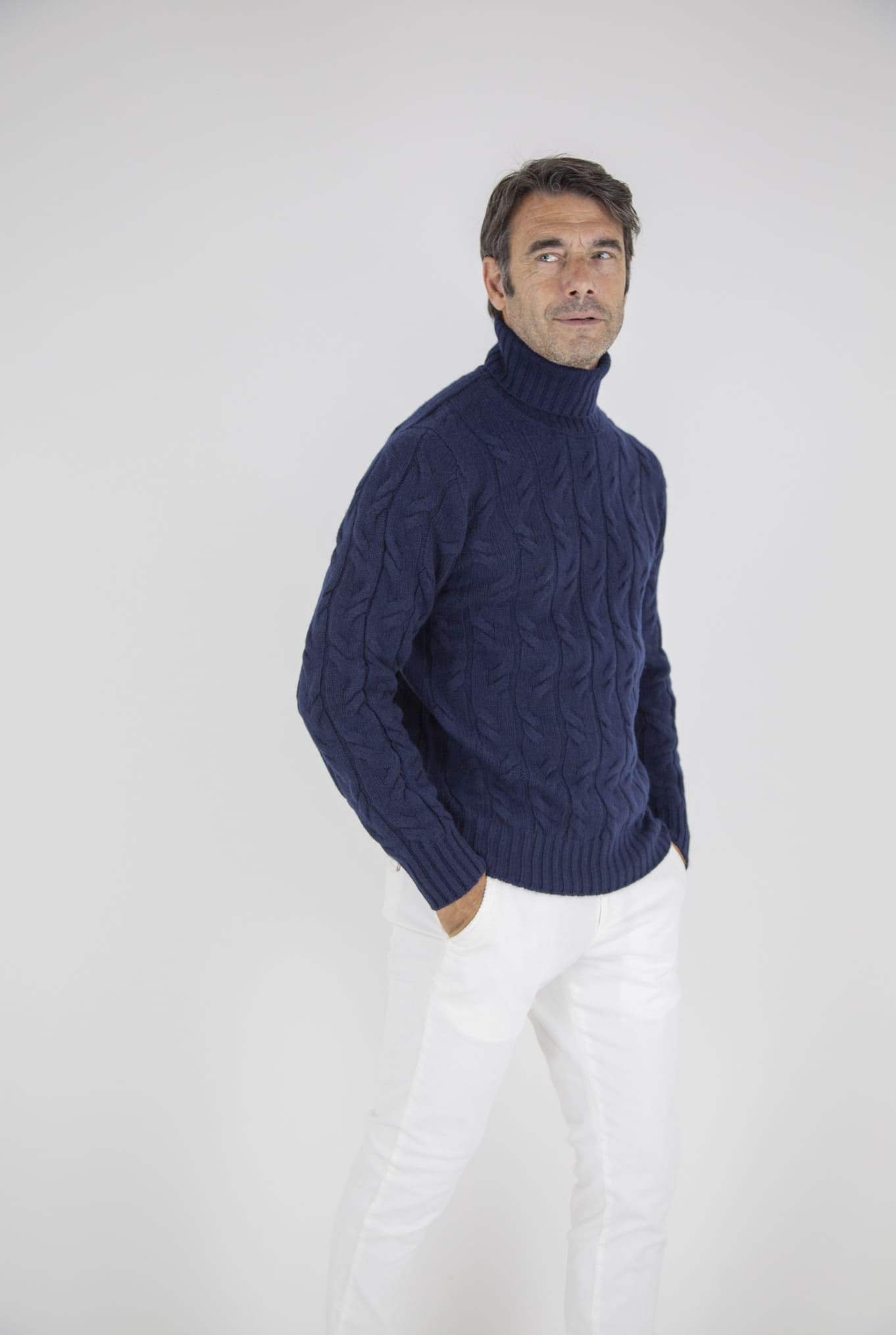 Navy Blue Cable Knit Cashmere Turtleneck