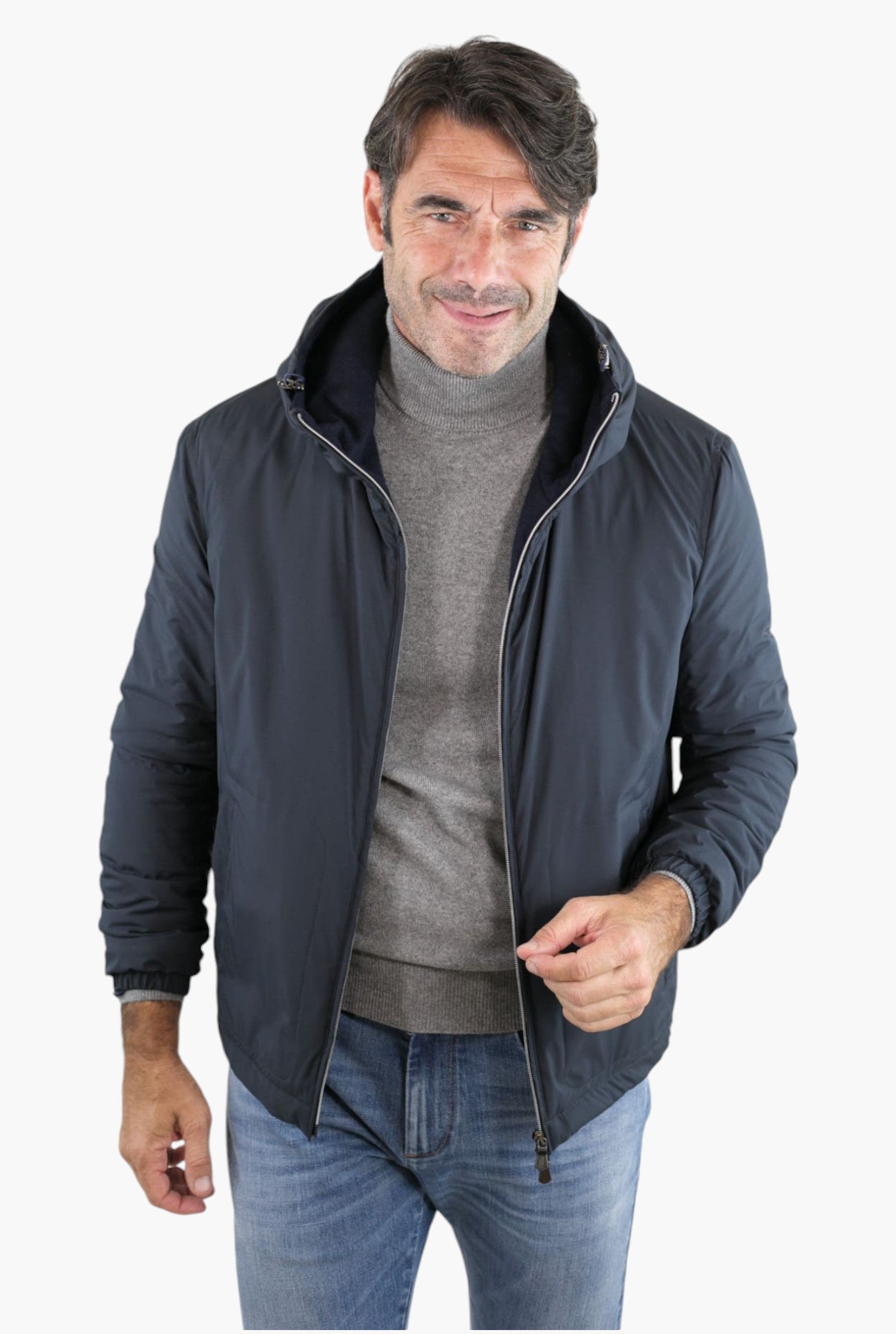 Giubbino con Cappuccio Airstop Foderato in Cashmere Blu Scuro