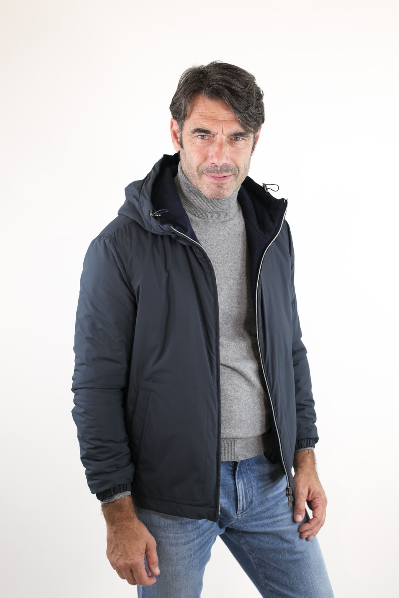 Dark Blue Cashmere Lined Airstop Hooded Jacket