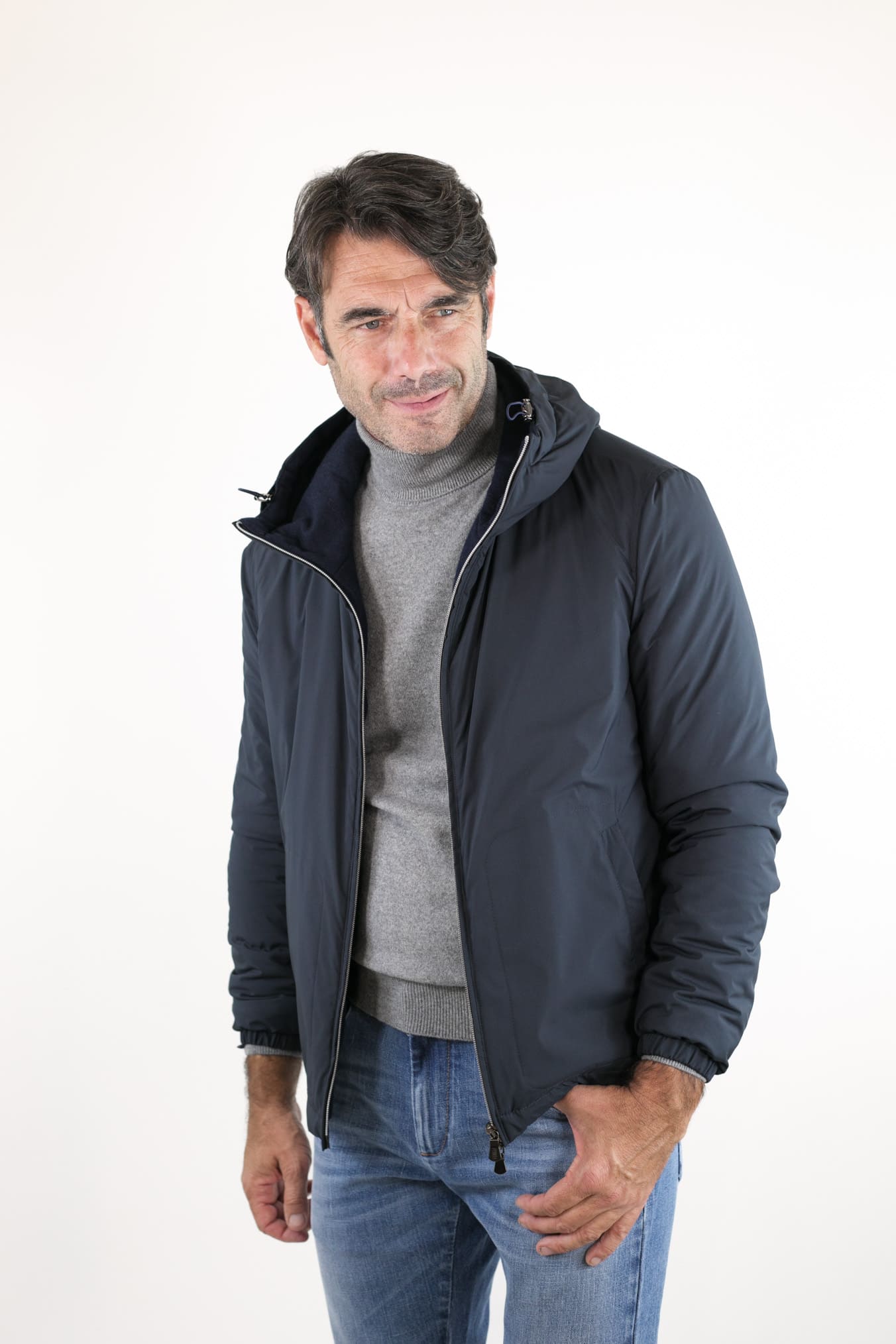 Dark Blue Cashmere Lined Airstop Hooded Jacket