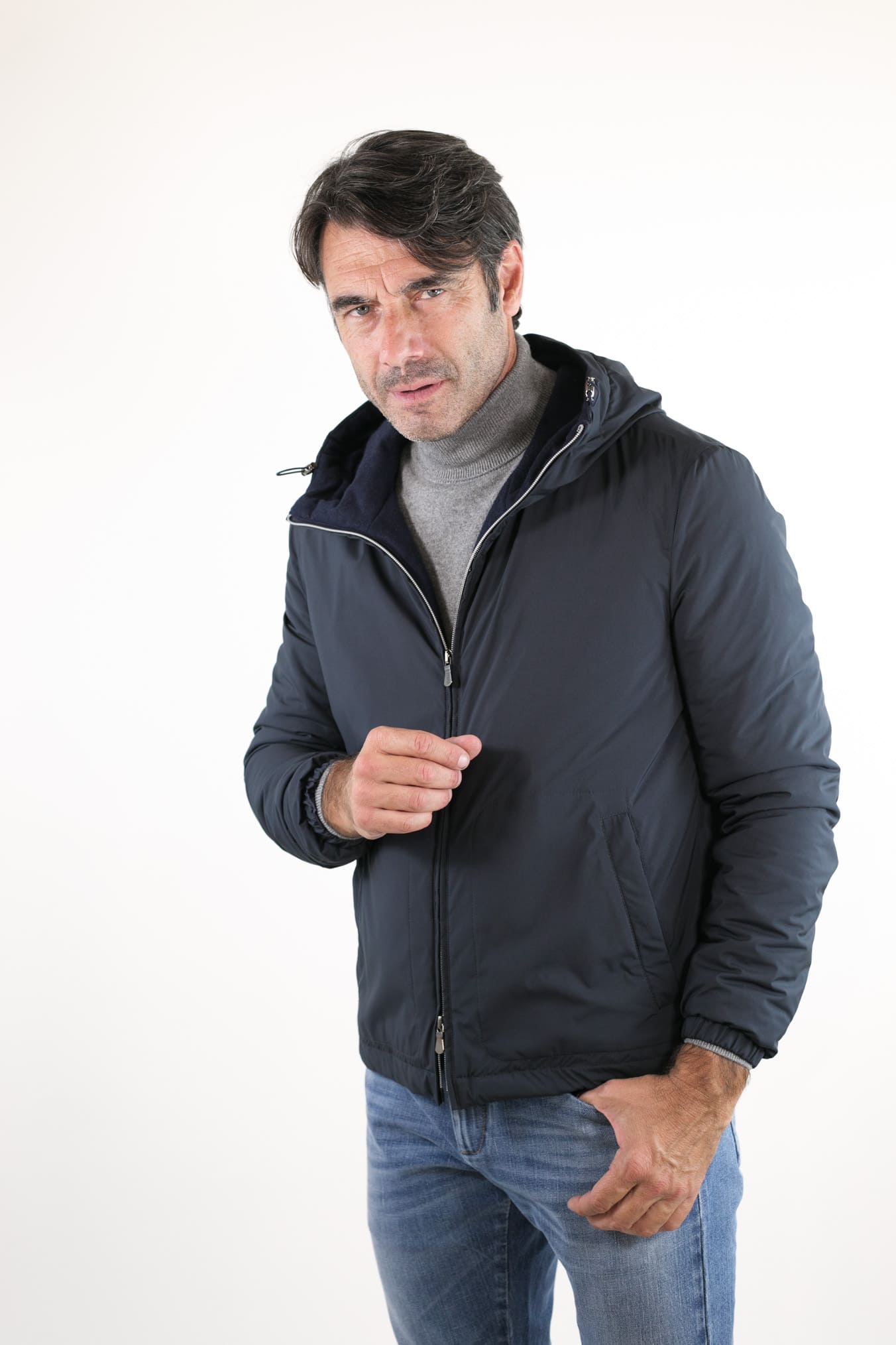 Dark Blue Cashmere Lined Airstop Hooded Jacket