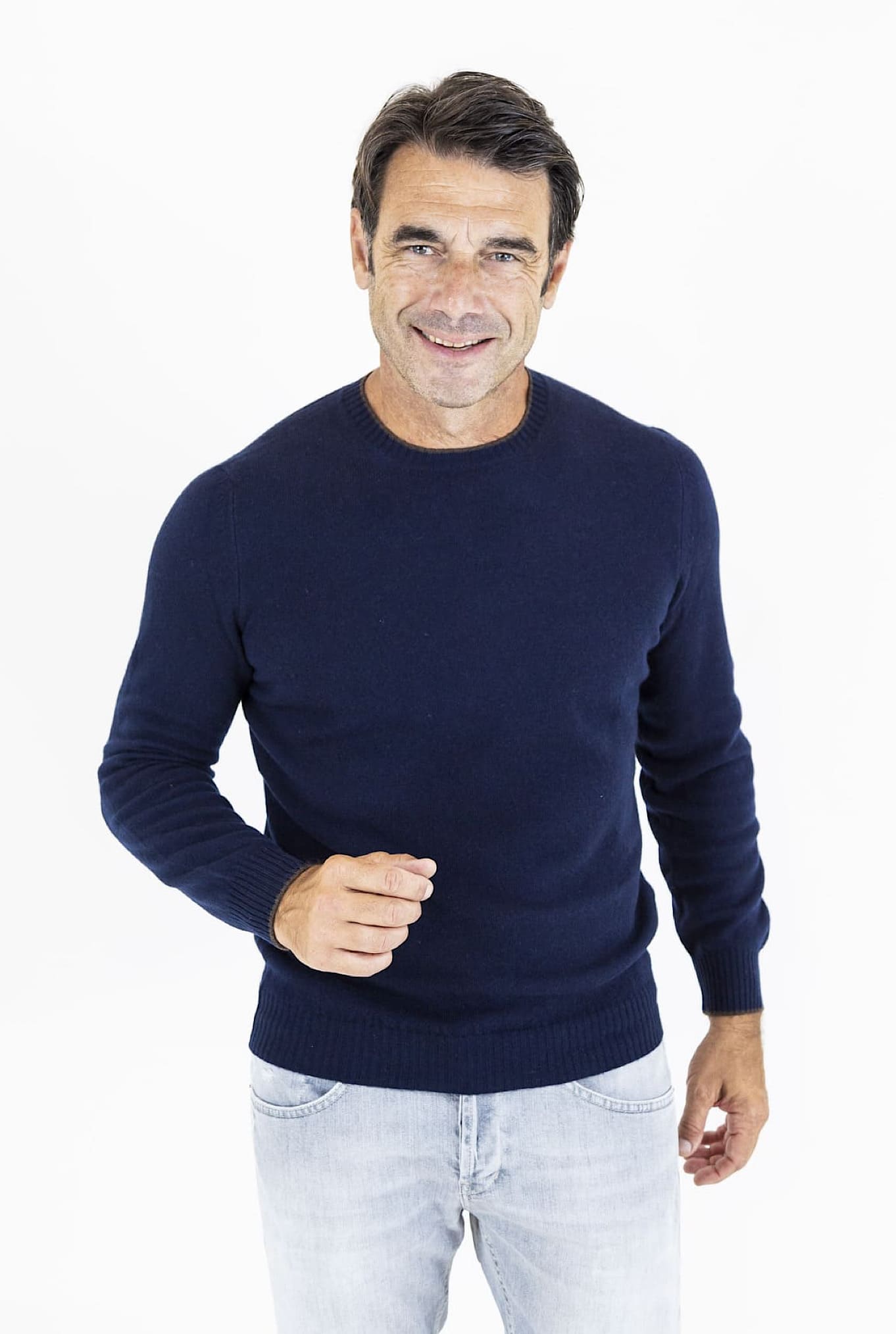 FEDELI Maglia Girocollo Cashmere Bicolore Blu Scuro