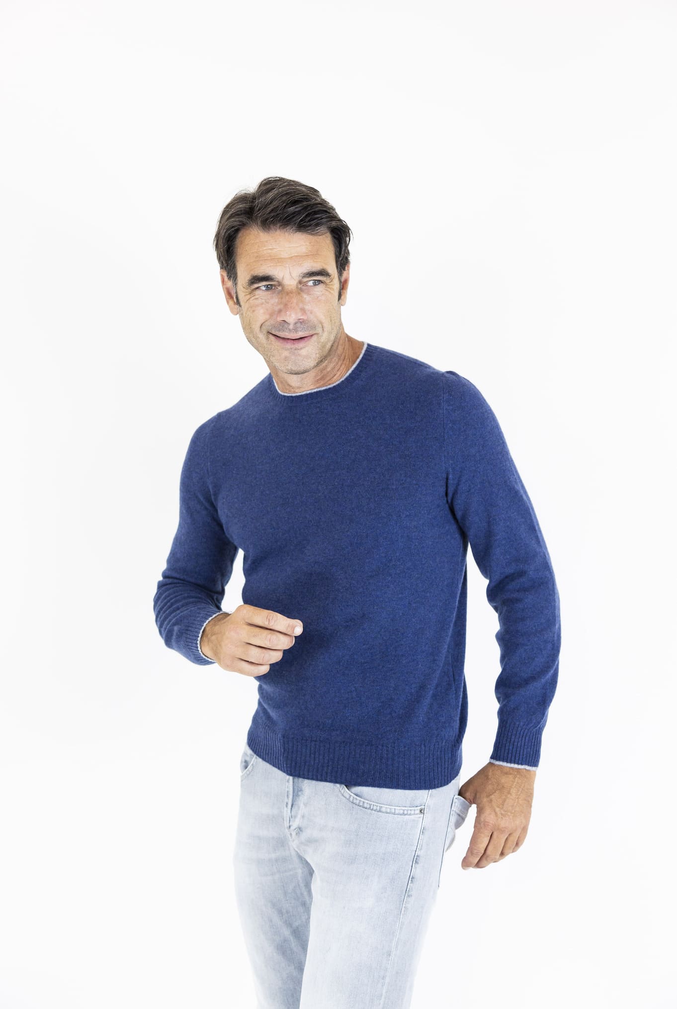 Two-Tone Cashmere Crewneck Sweater Light Blue