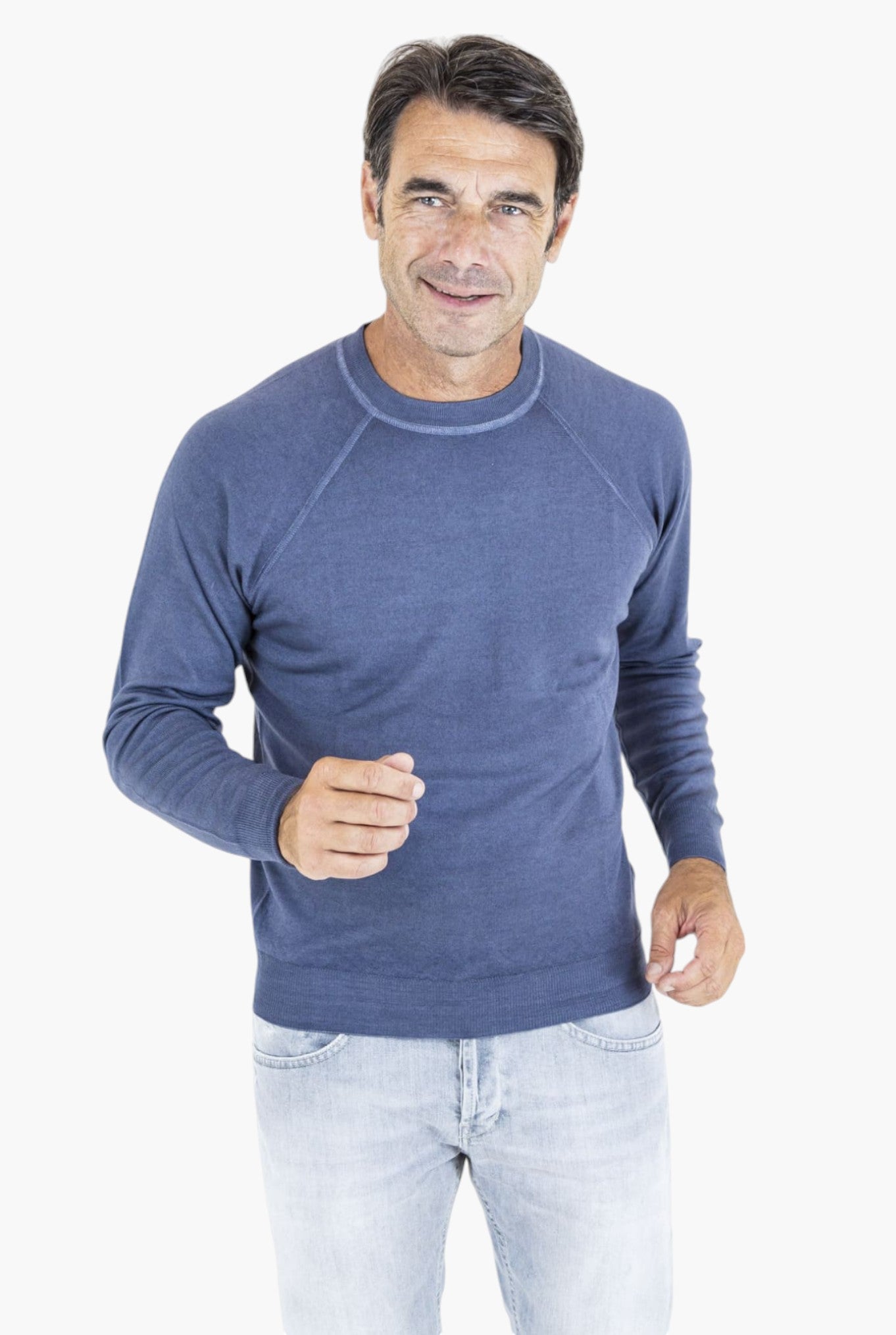 FEDELI Crewneck Raglan Sweater Blue Denim Washed