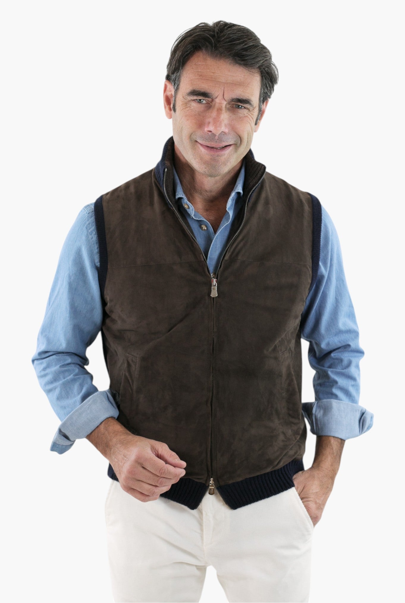 Gilet Cashmere e Suede Testa di Moro/Blu