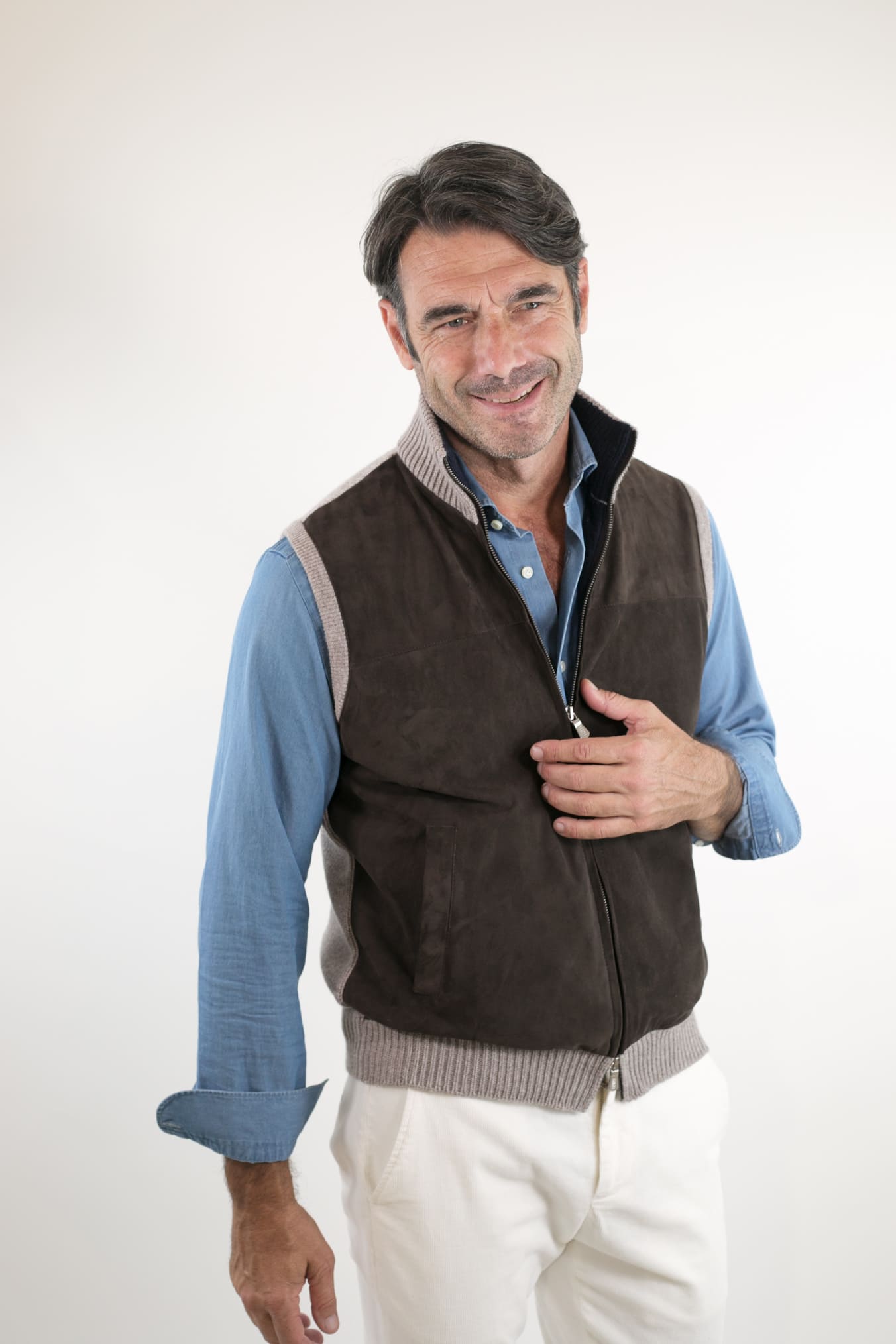 FEDELI Gilet Cashmere e Suede Testa di Moro Beige