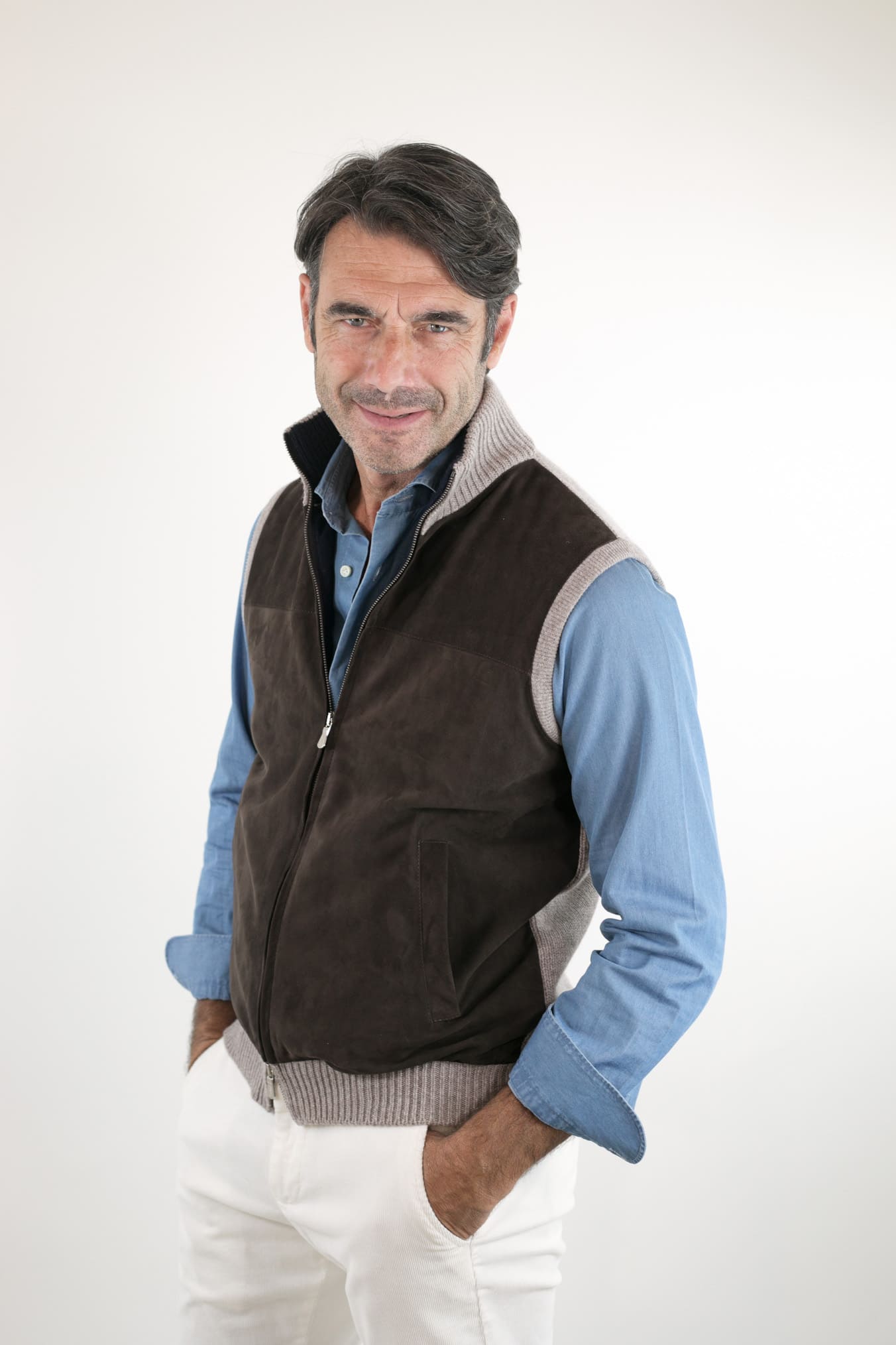 FEDELI Gilet Cashmere e Suede Testa di Moro Beige