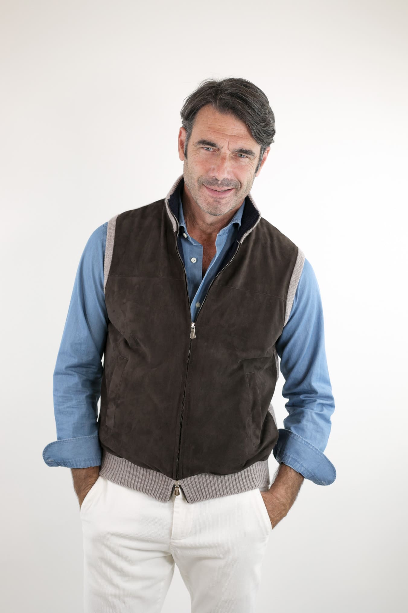 FEDELI Gilet Cashmere e Suede Testa di Moro Beige