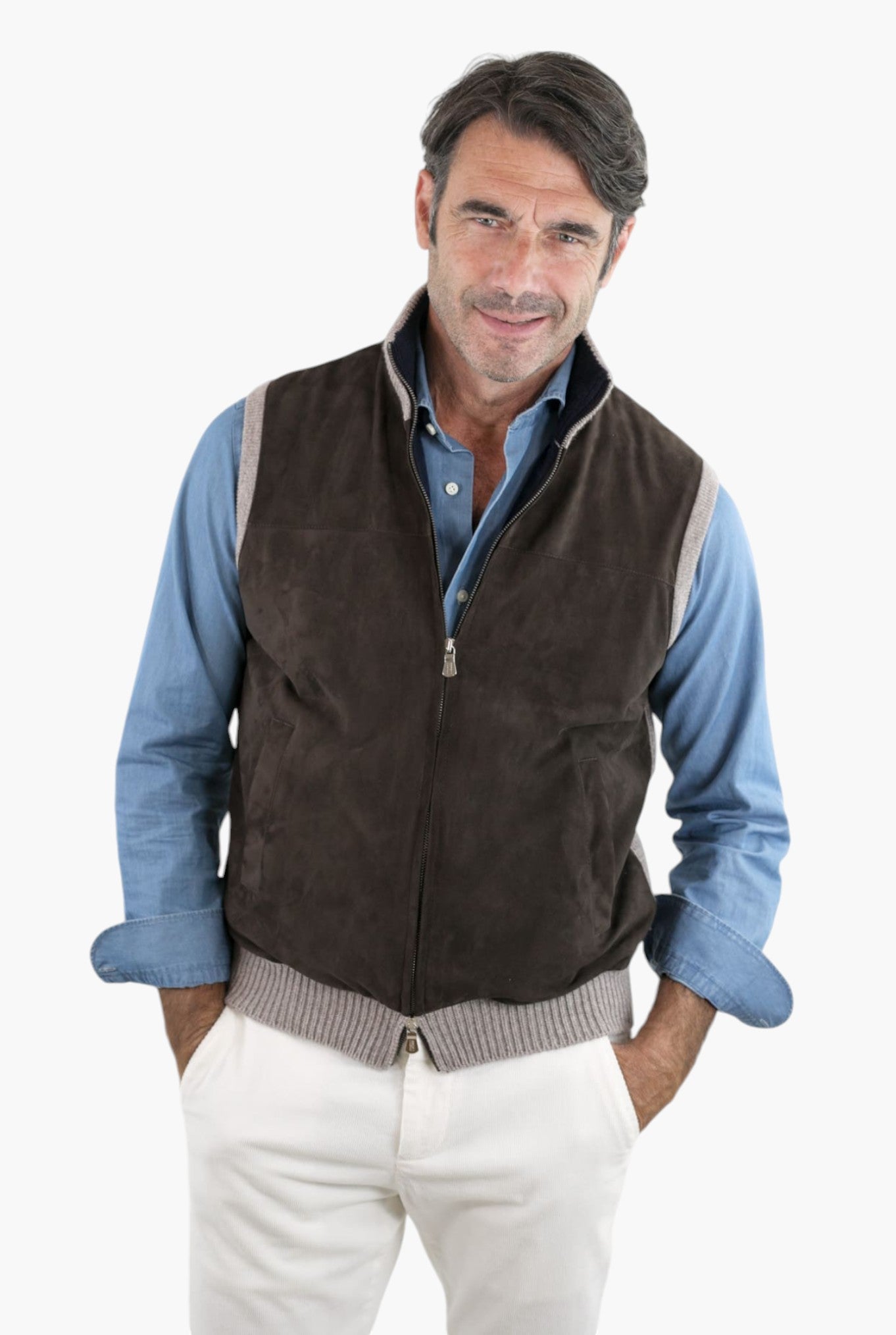 Gilet Cashmere e Suede Testa di Moro/Beige