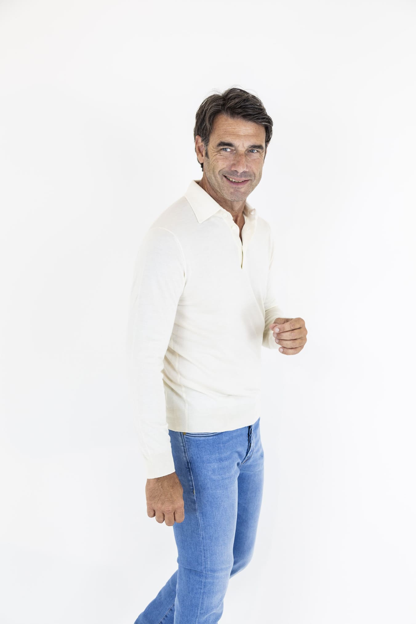 GUARINO Polo Cashmere e Seta Manica Lunga Bianco Panna