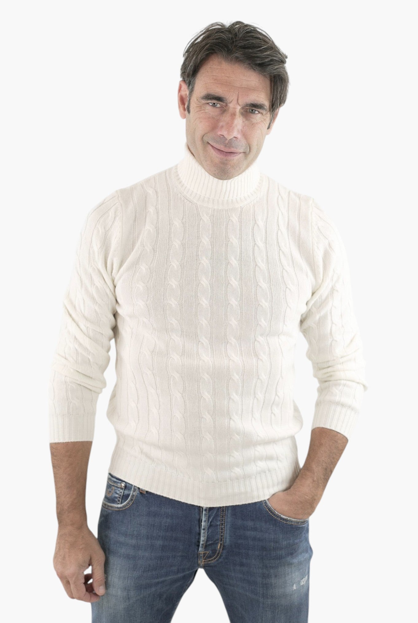 Cashmere Braided Turtleneck Sweater Cream White