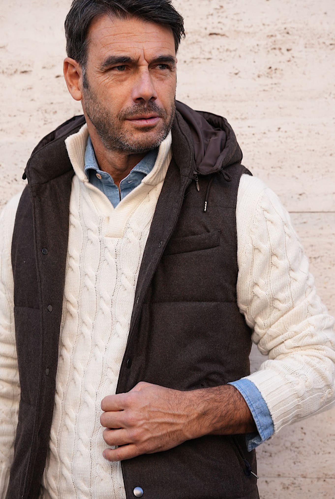 GUARINO Wool Vest with Detachable Hood Dark Brown