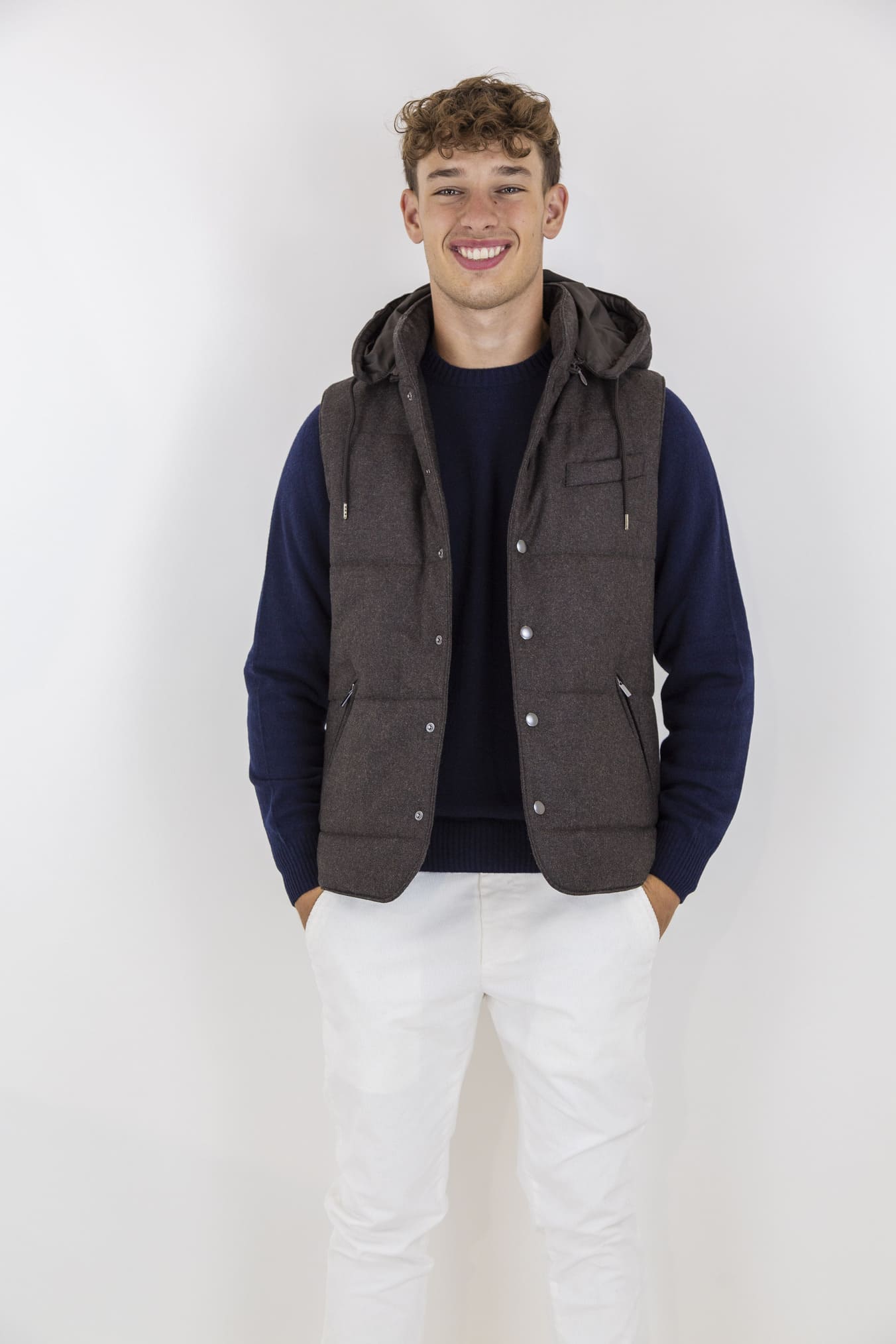 GUARINO Wool Vest with Detachable Hood Dark Brown