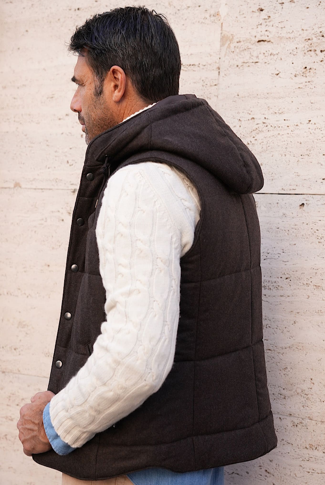 GUARINO Wool Vest with Detachable Hood Dark Brown