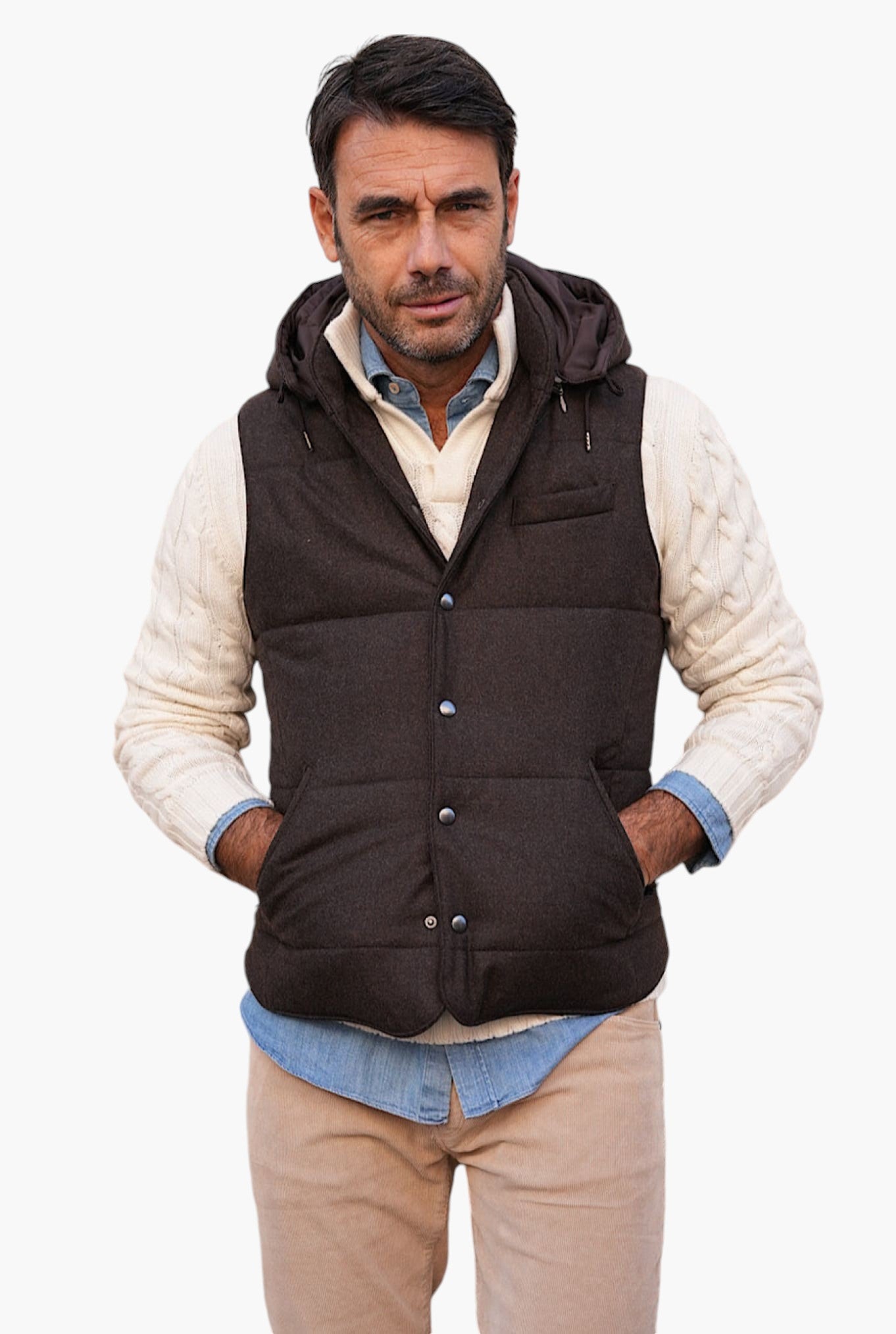 Wool Vest with Detachable Hood Dark Brown