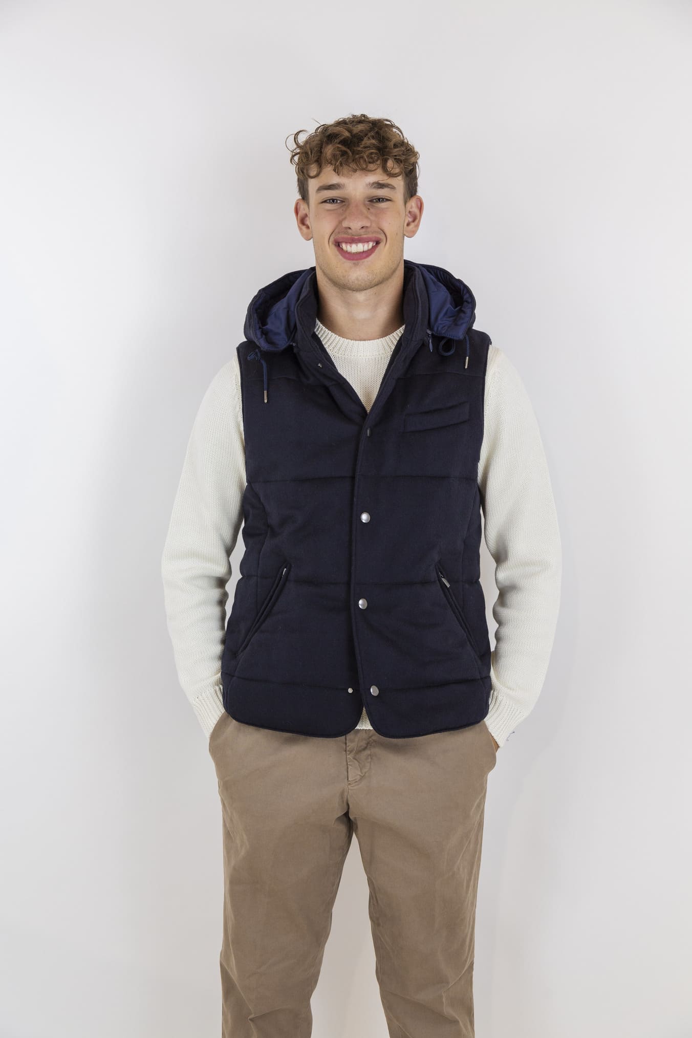 GUARINO Gilet di Lana con Cappuccio Staccabile Blu